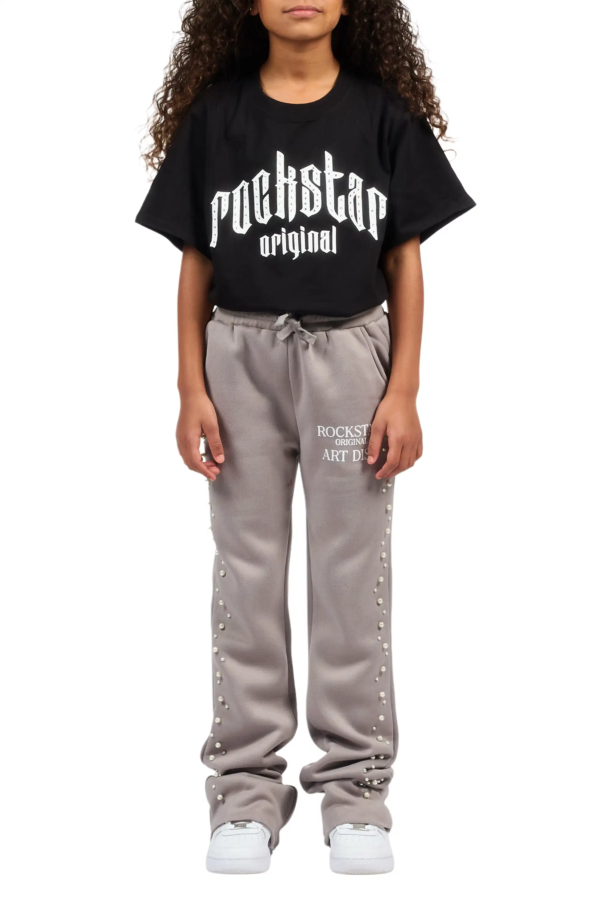 Girls Nikkia Grey Pearl Stacked Track Pant - Image 10