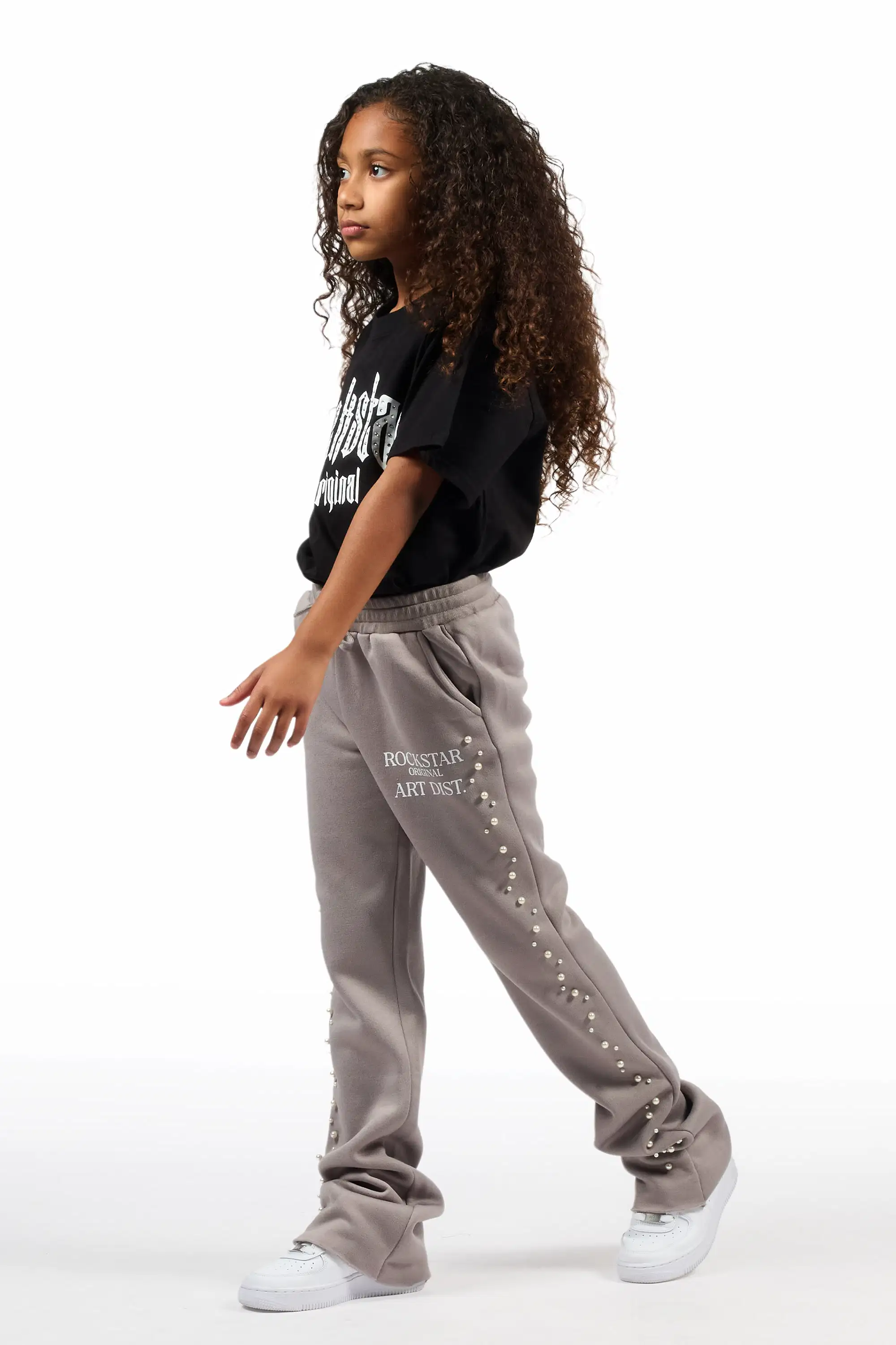 Girls Nikkia Grey Pearl Stacked Track Pant - Image 6