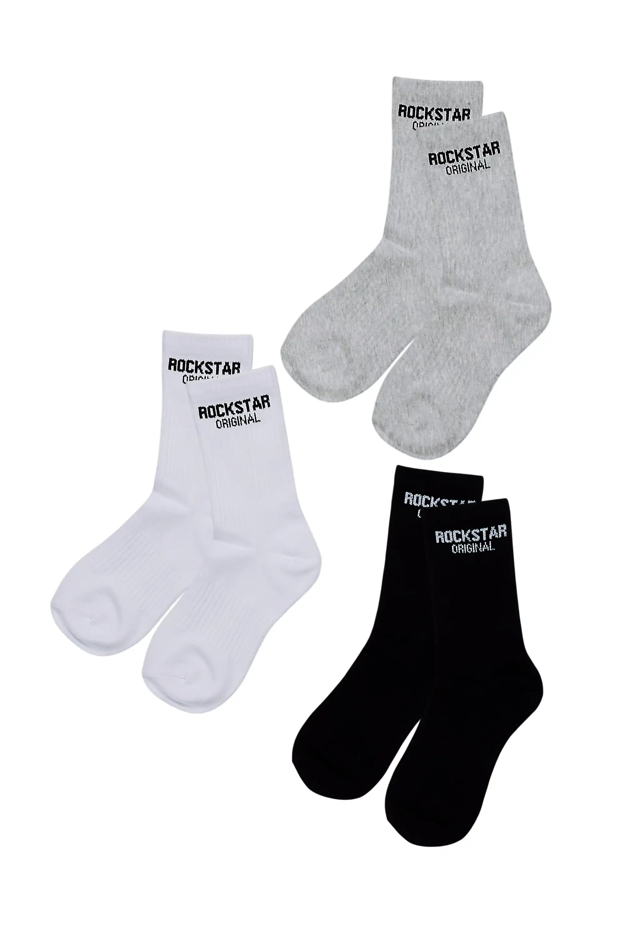 Boys Rockstar Dist Black/White/Grey Basic Socks 3 Pack