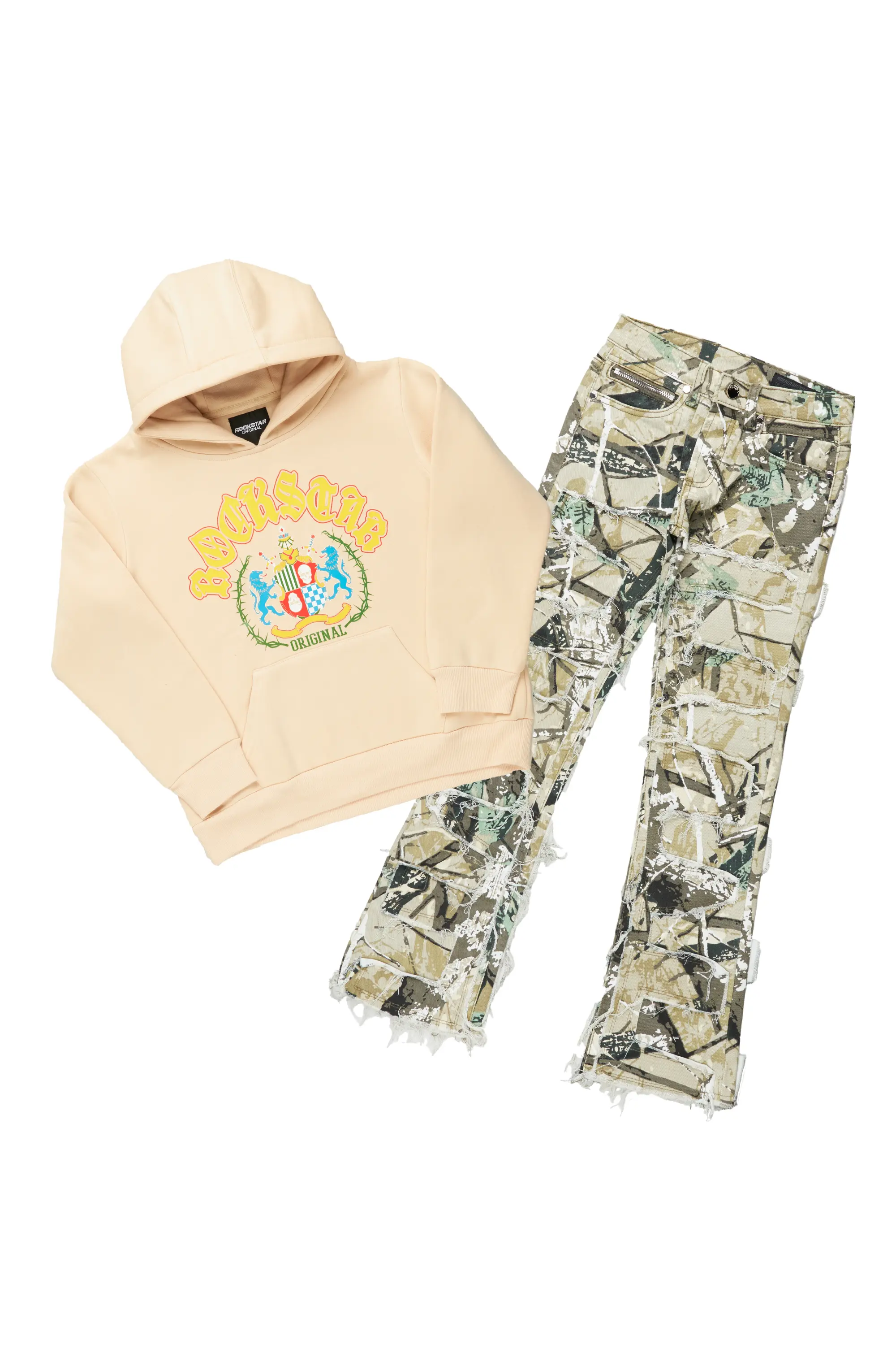 Boys Brody Beige Hoodie/Camo Stacked Flare Jean - Image 6
