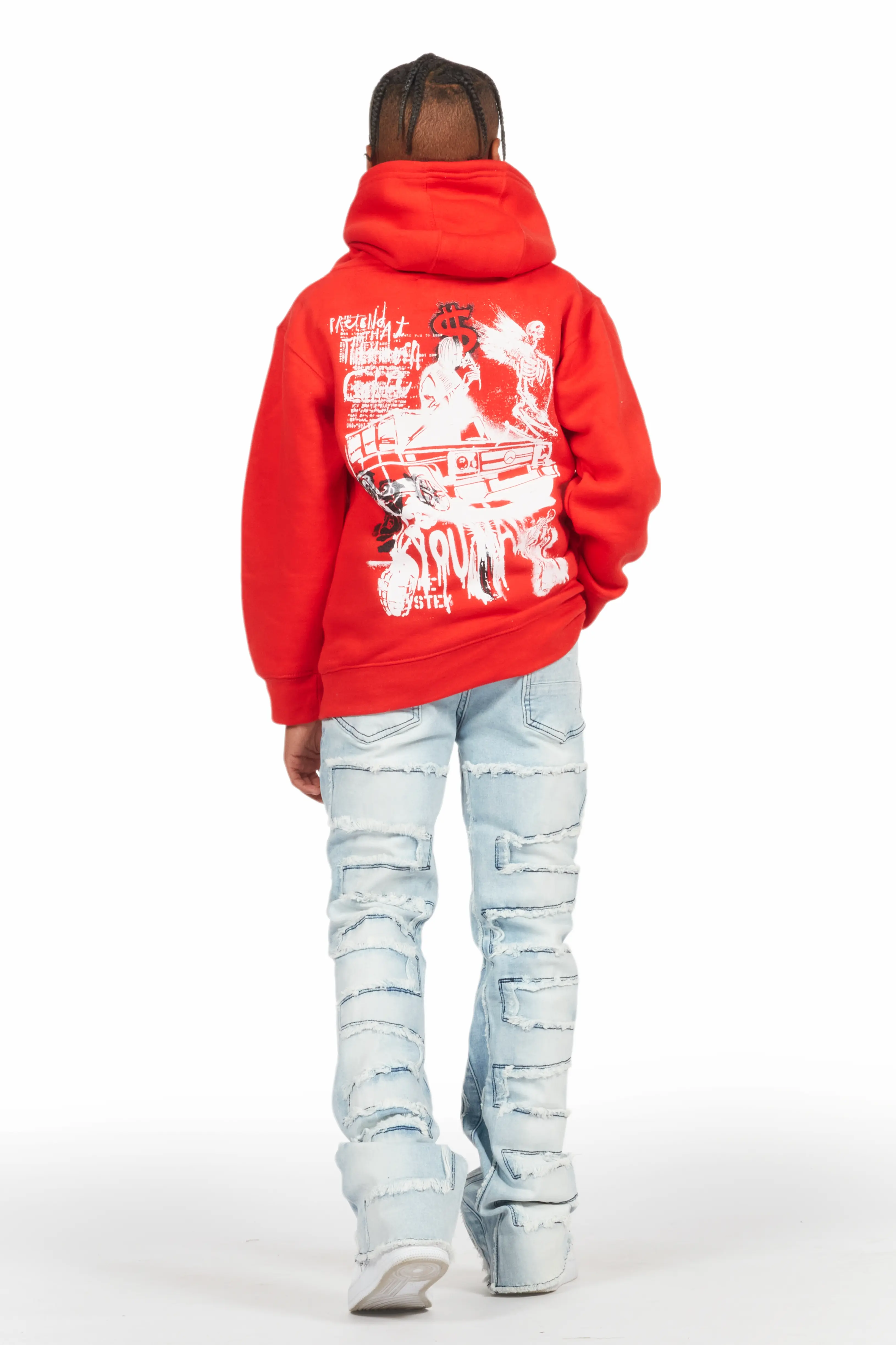 Boys Beau Red/Blue Hoodie/Stacked Flare Jean Set - Image 4