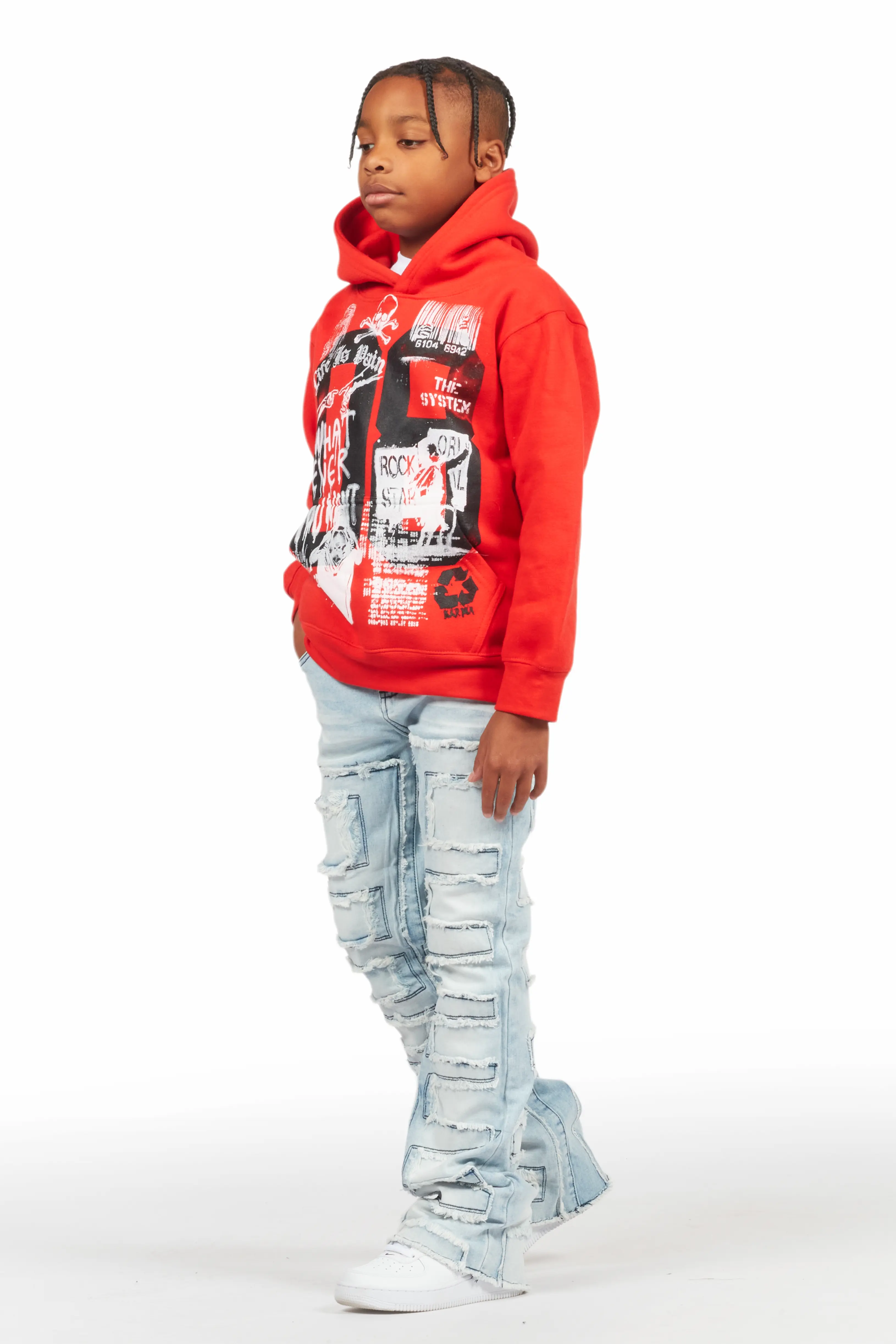 Boys Beau Red/Blue Hoodie/Stacked Flare Jean Set - Image 5