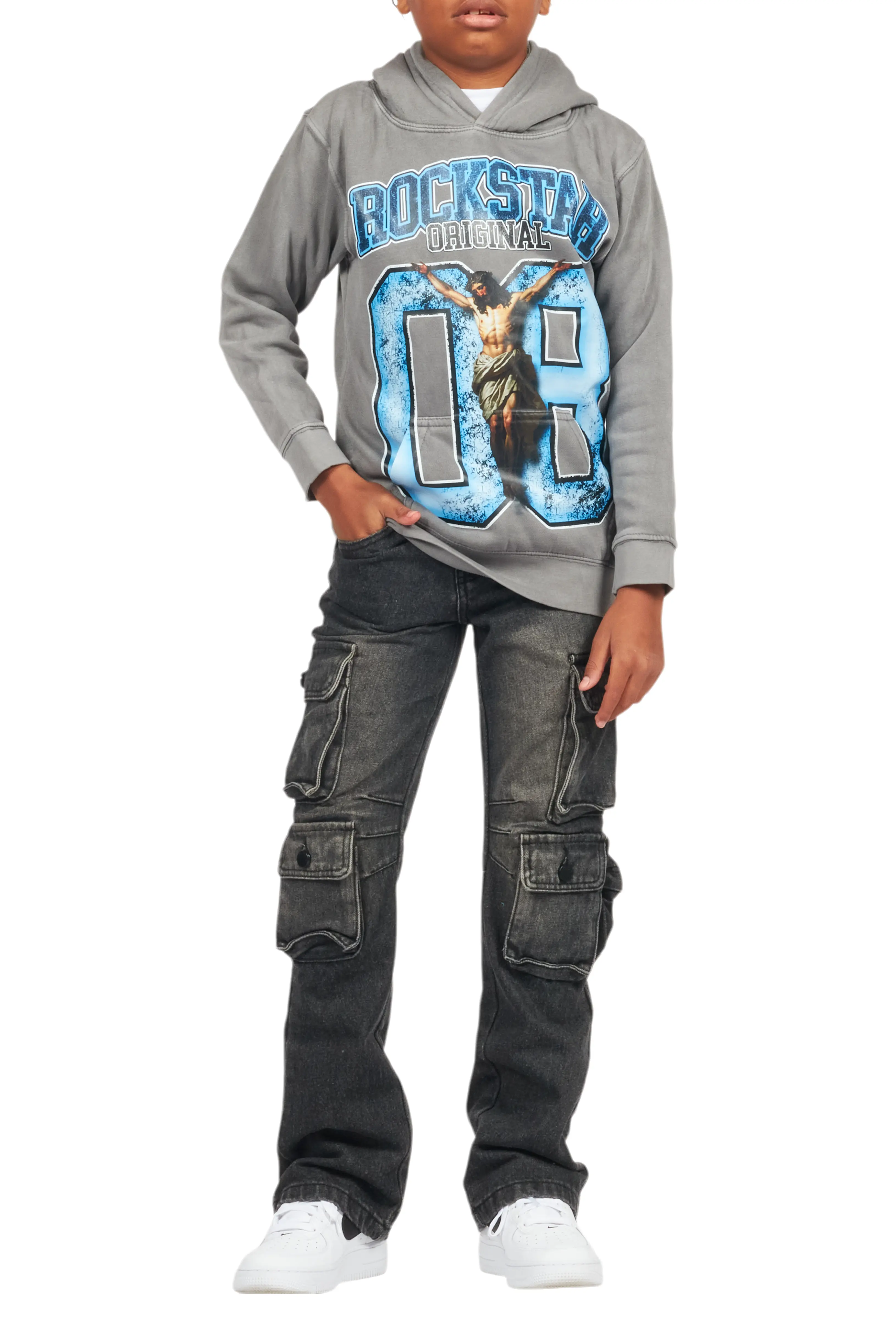 Boys Fields Vintage Grey/Black Hoodie/Stacked Flare Jean Set - Image 10