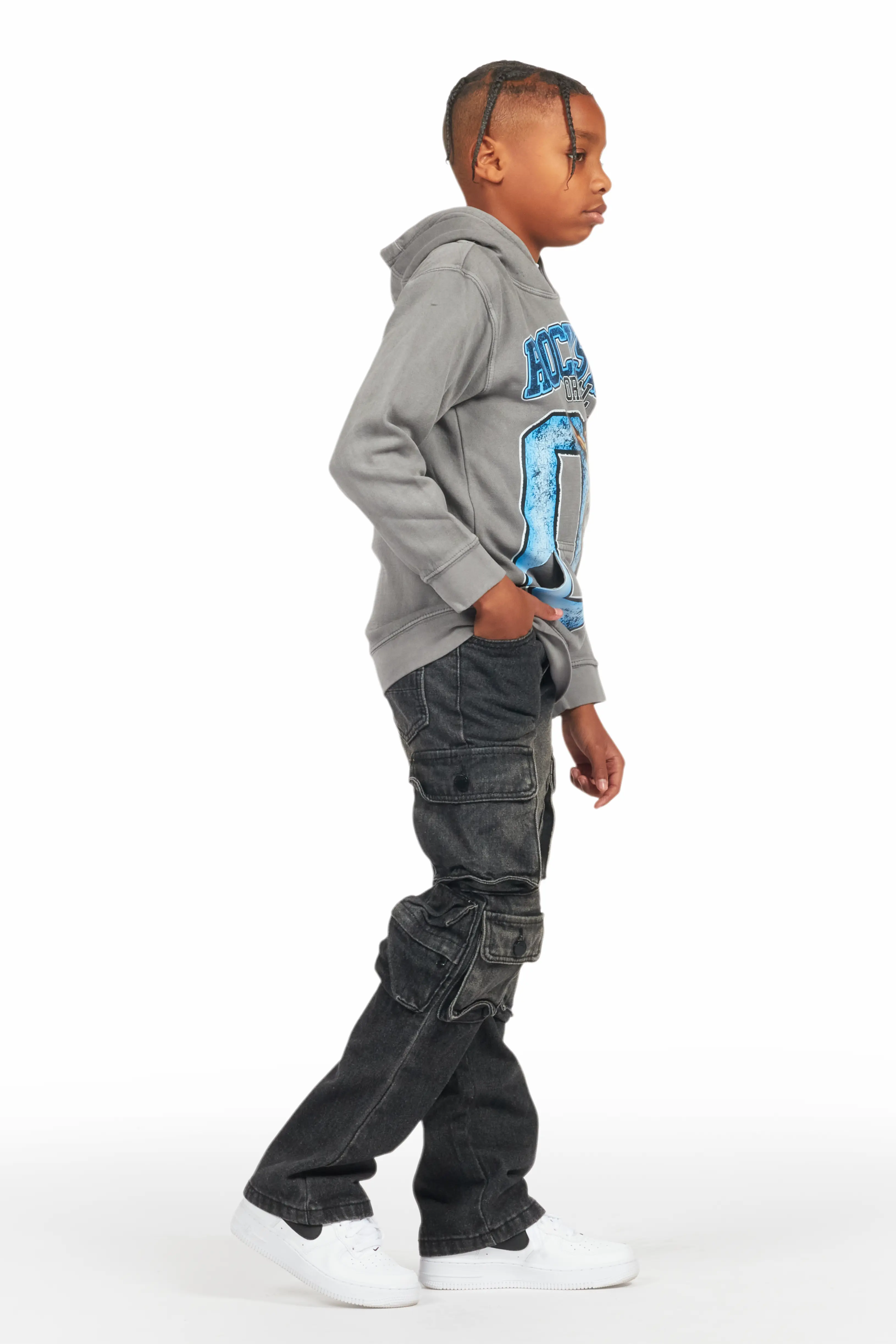 Boys Fields Vintage Grey/Black Hoodie/Stacked Flare Jean Set - Image 3