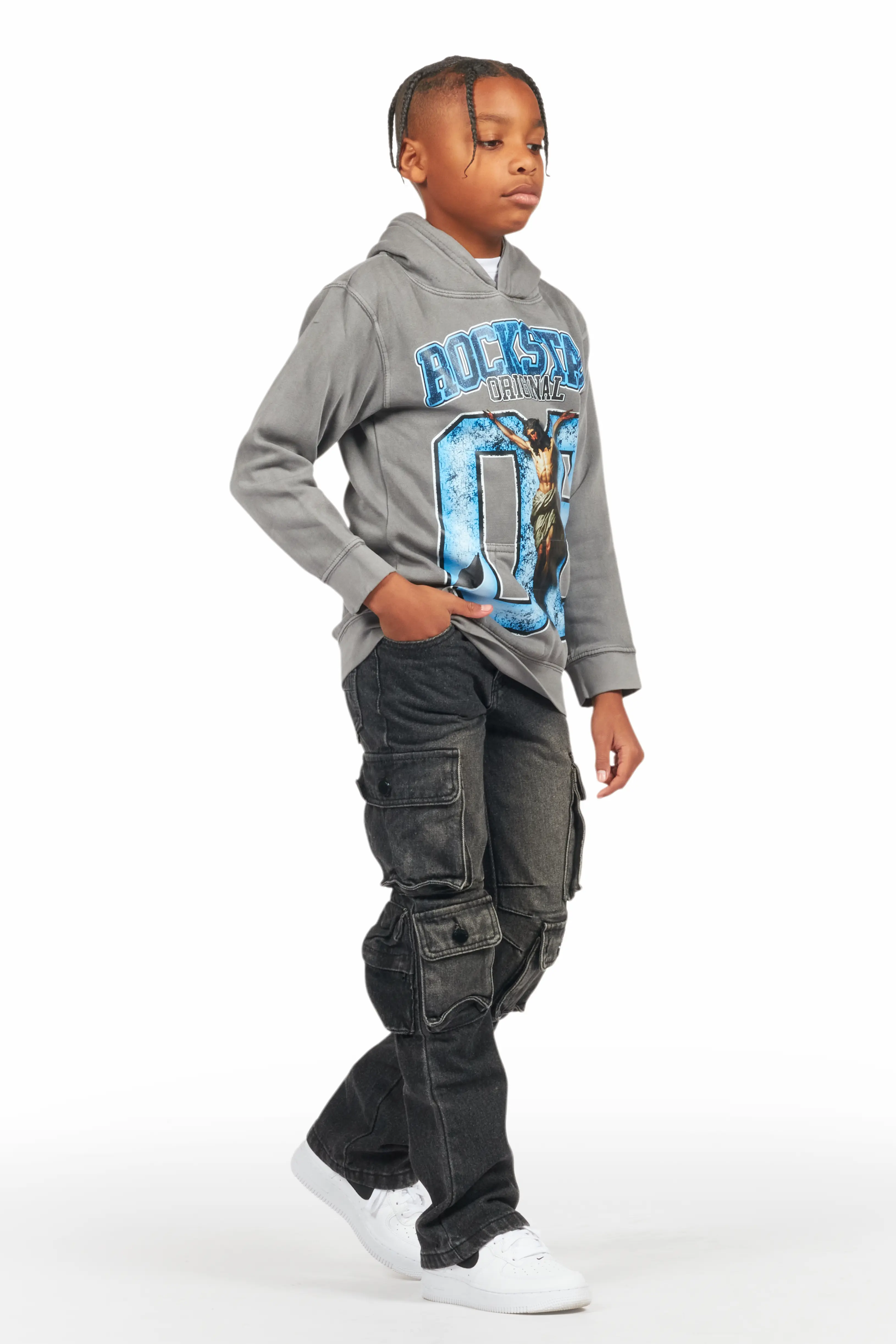 Boys Fields Vintage Grey/Black Hoodie/Stacked Flare Jean Set - Image 6