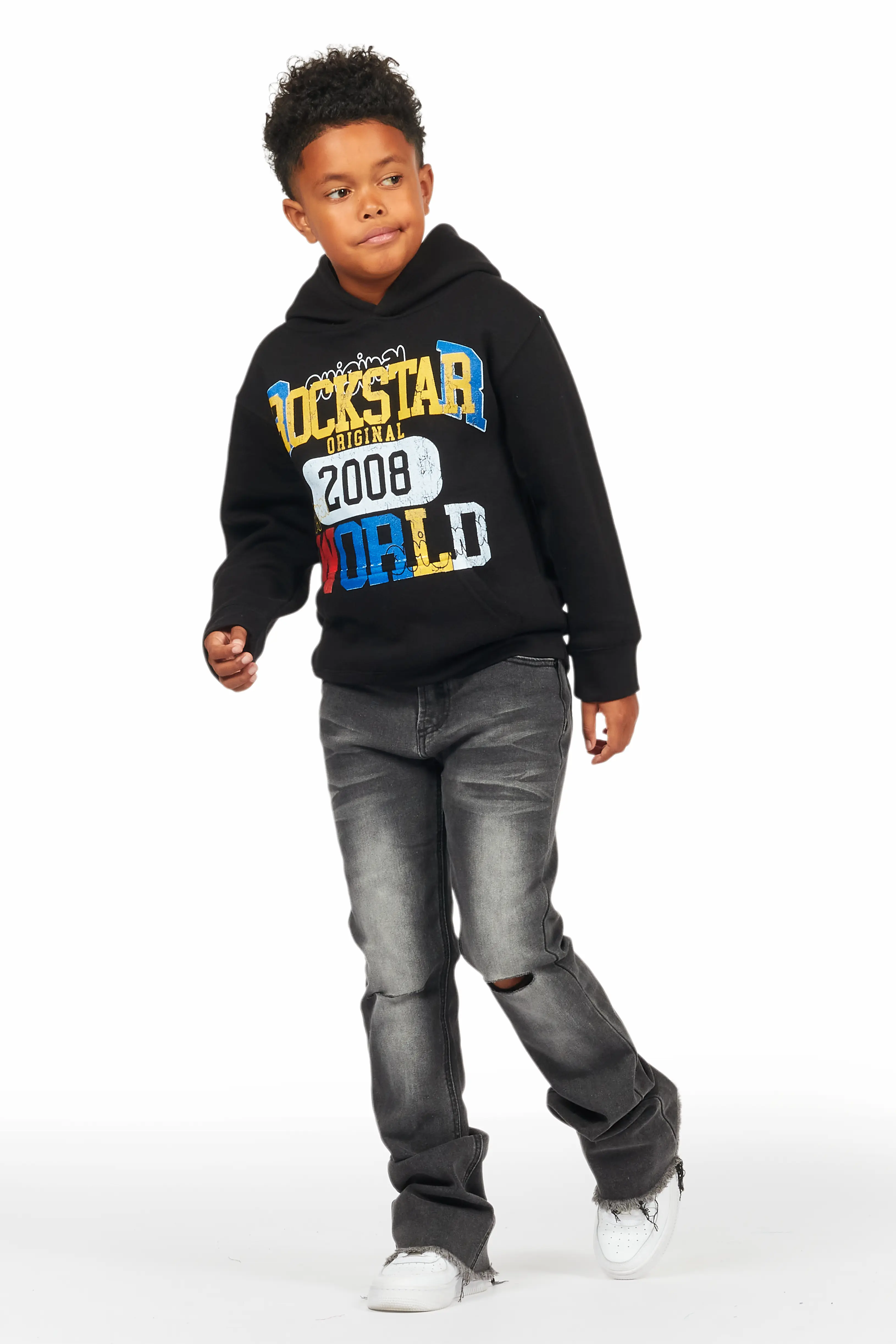 Boys Daria Black/Dark Grey Hoodie/Stacked Flare Jean Set - Image 6
