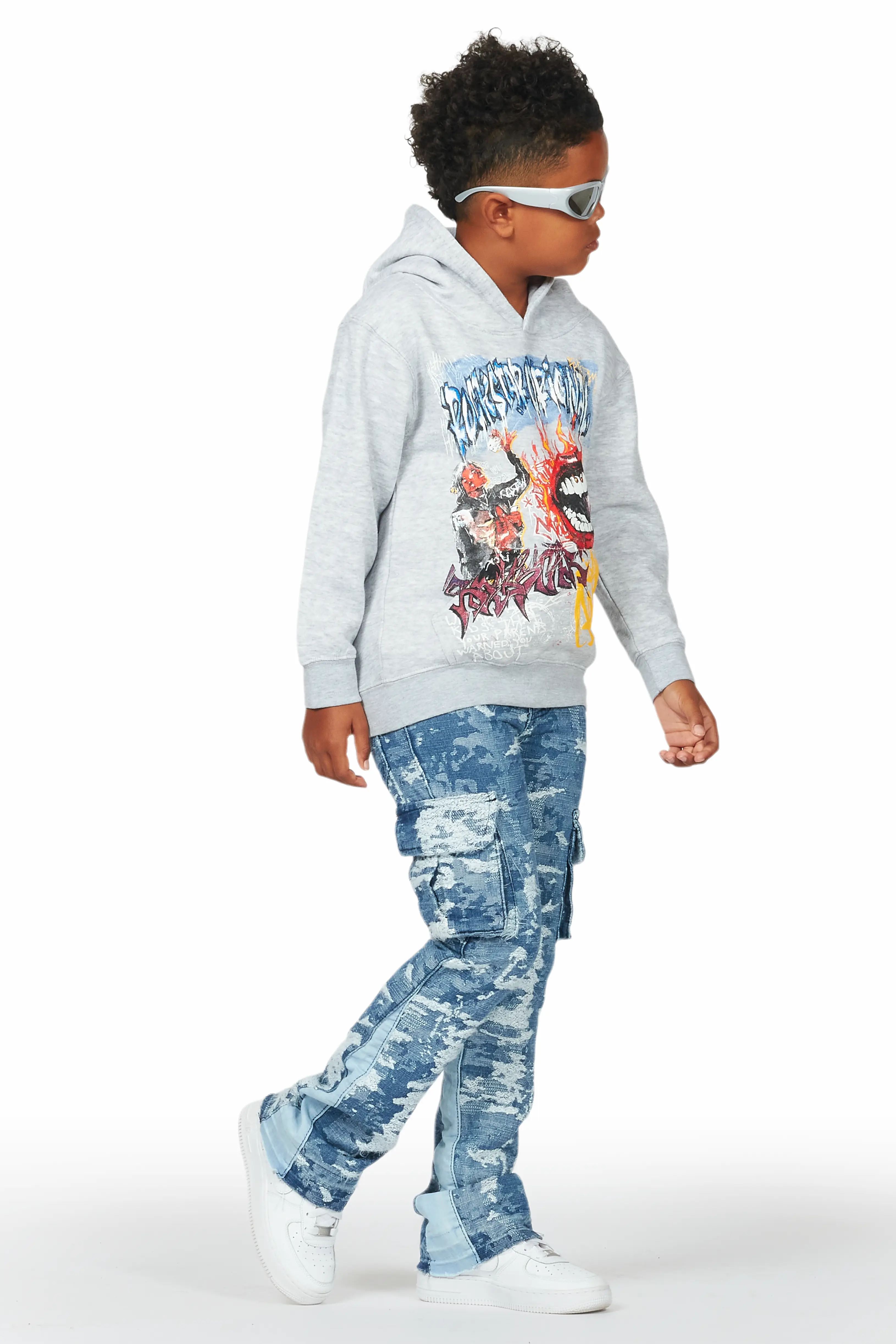 Boys Yooz Grey Hoodie/Stacked Flare Jean Set - Image 6