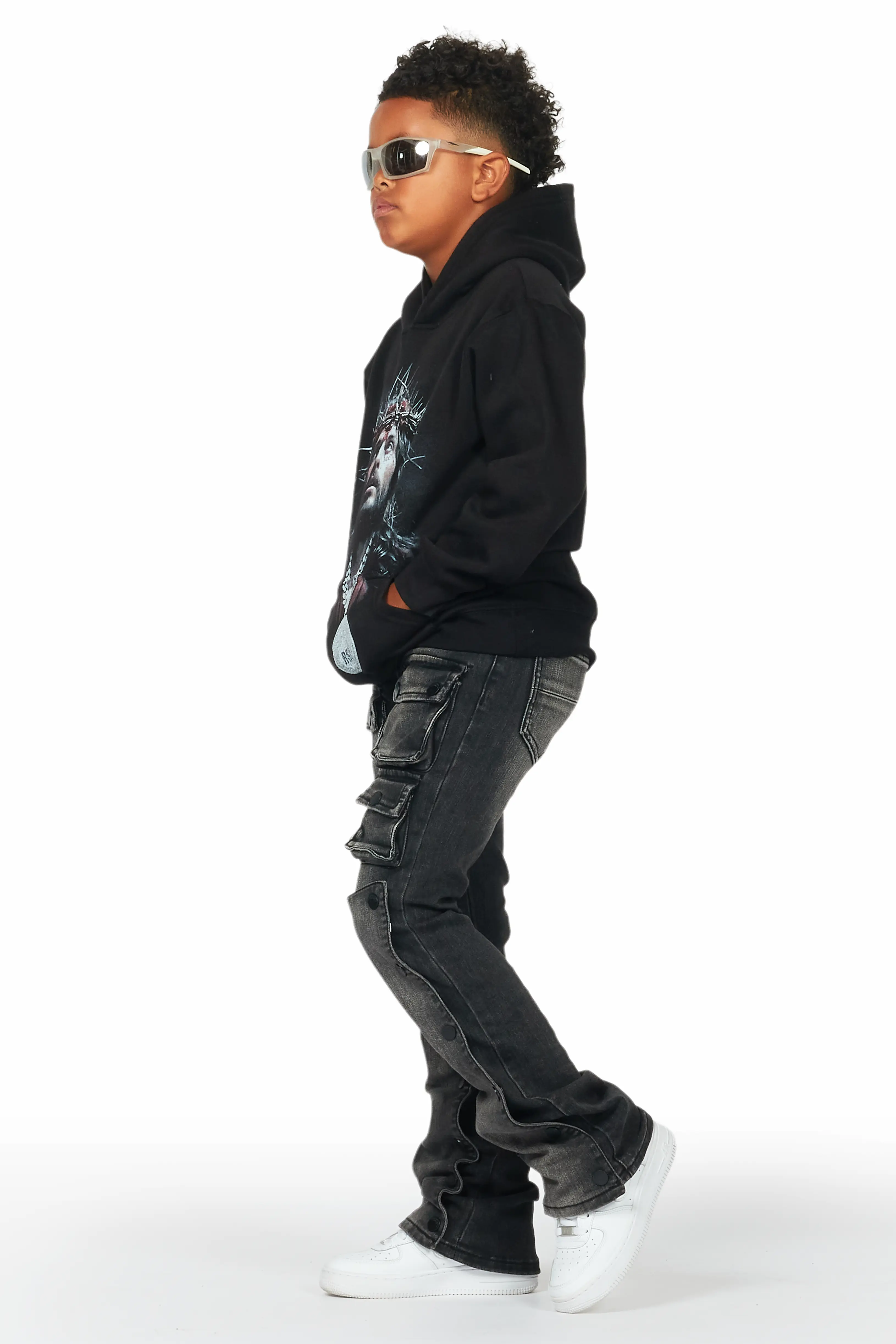Boys Daman Black Hoodie/Stacked Flare Jean Set - Image 5