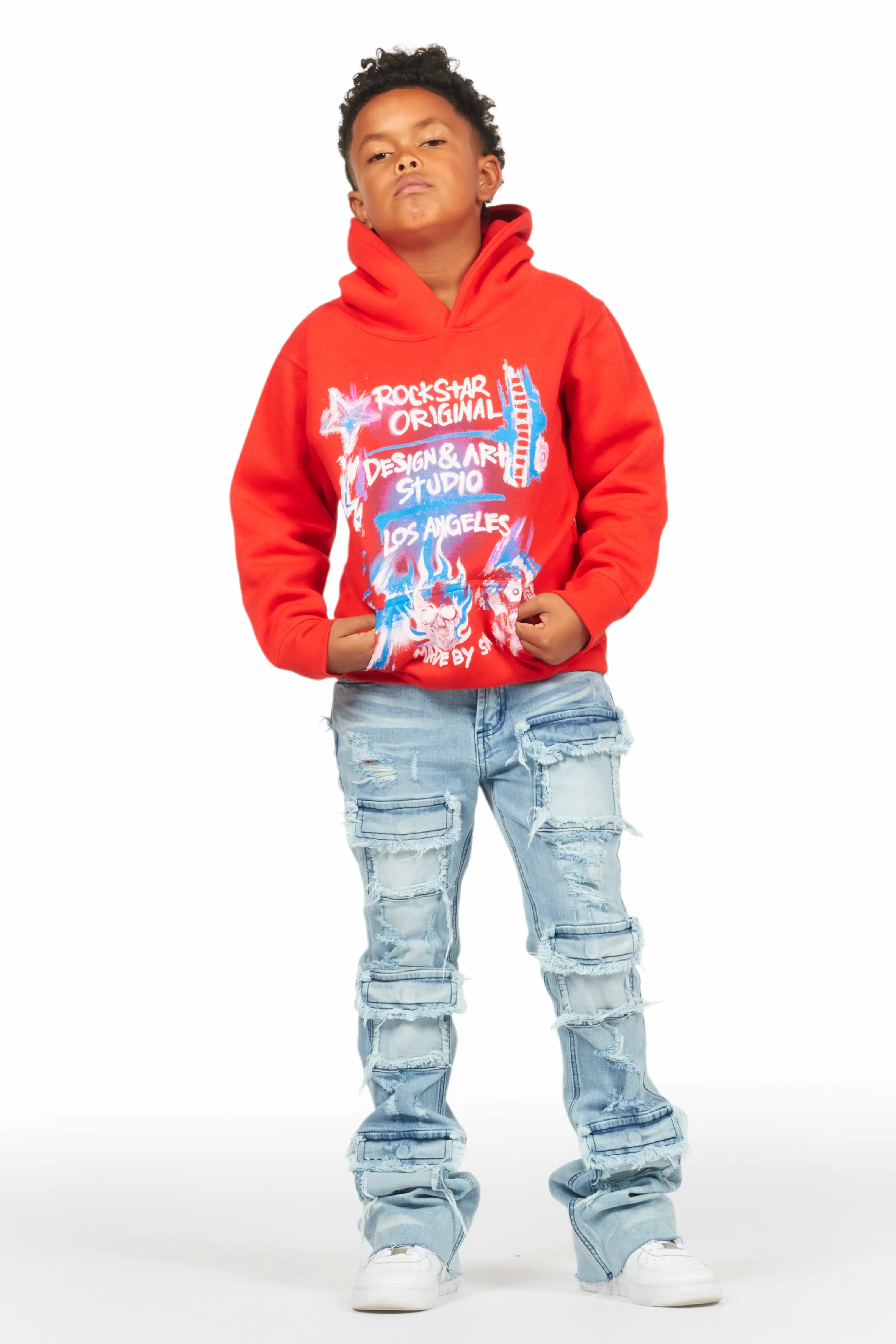 Boys Soweto Red Hoodie/Stacked Flare Jean Set - Image 2