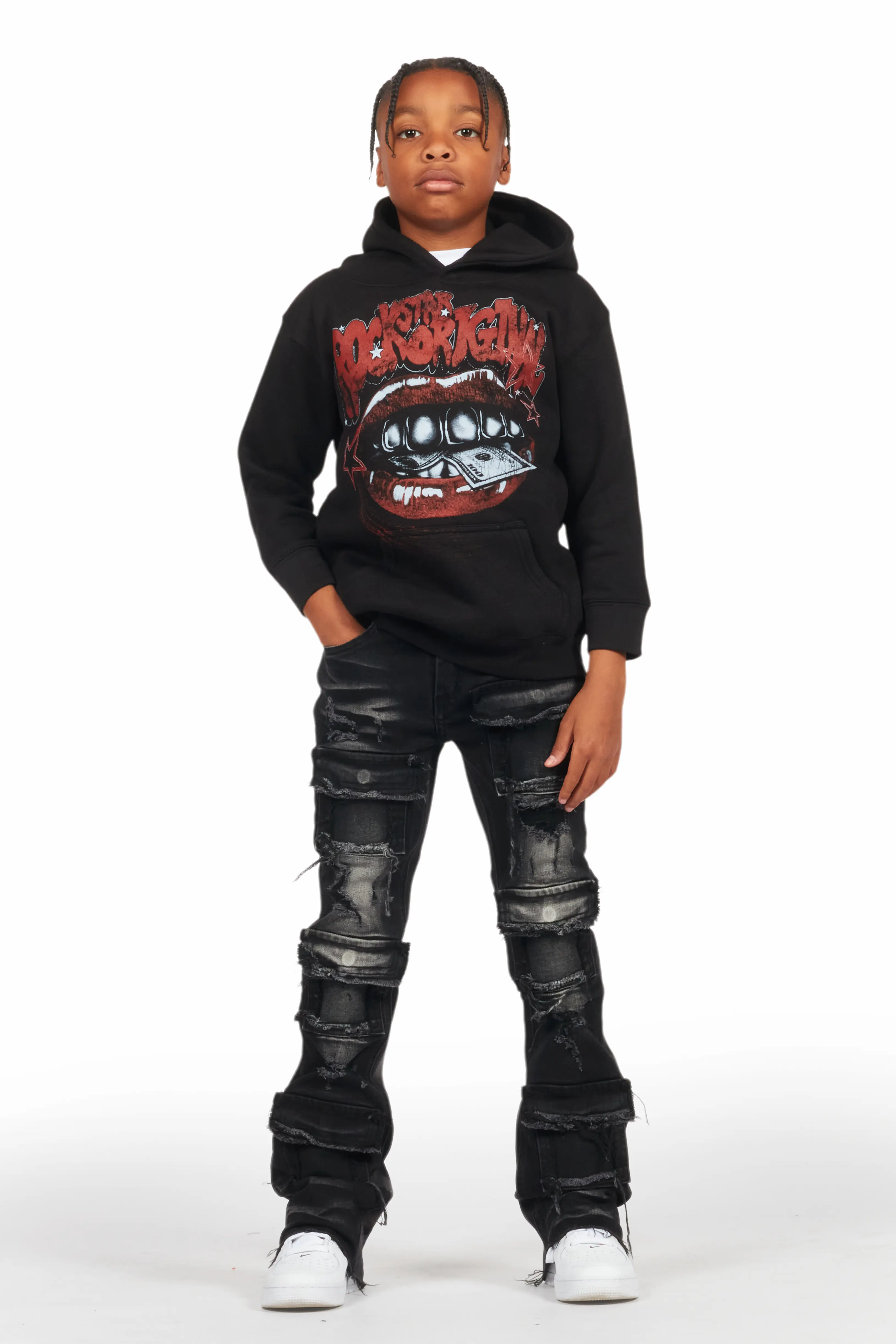 Boys Bloke Black Hoodie/Stacked Flare Jean Set - Image 2