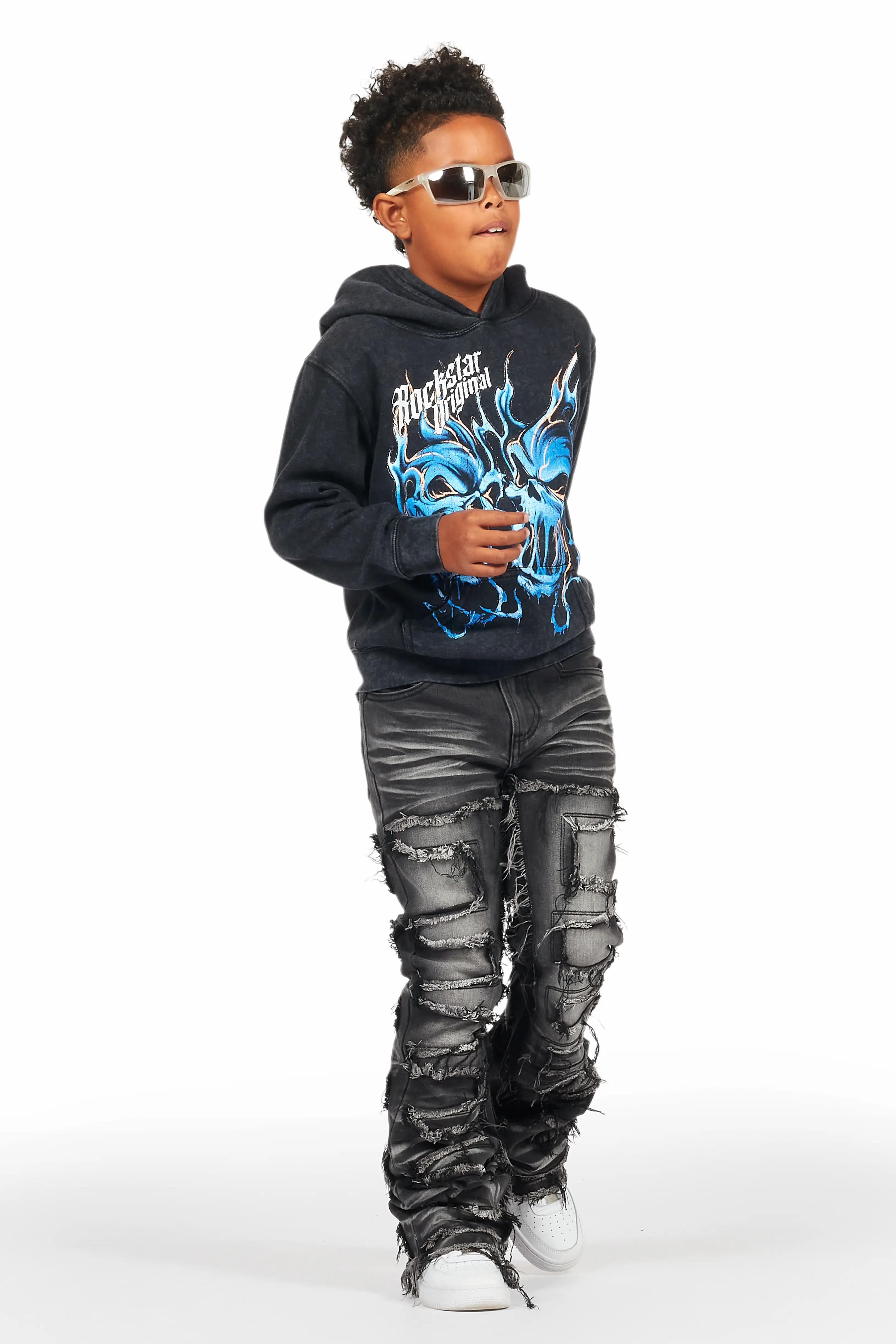 Boys Texastea Vintage Black Hoodie/Stacked Flare Jean Set - Image 3