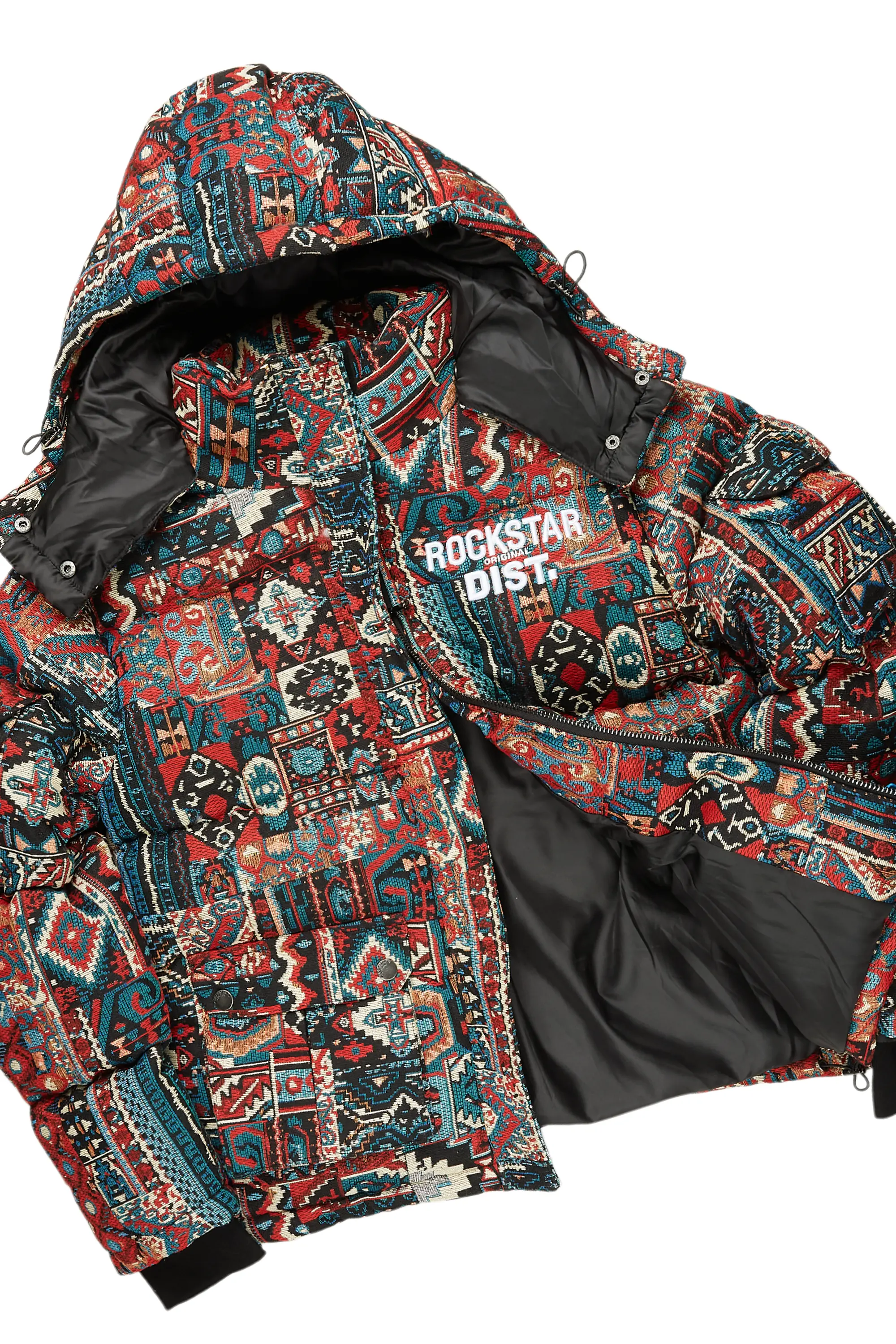 Boys Nard Red Multi Tapestry Puffer Jacket/Flare Jean Set - Image 3