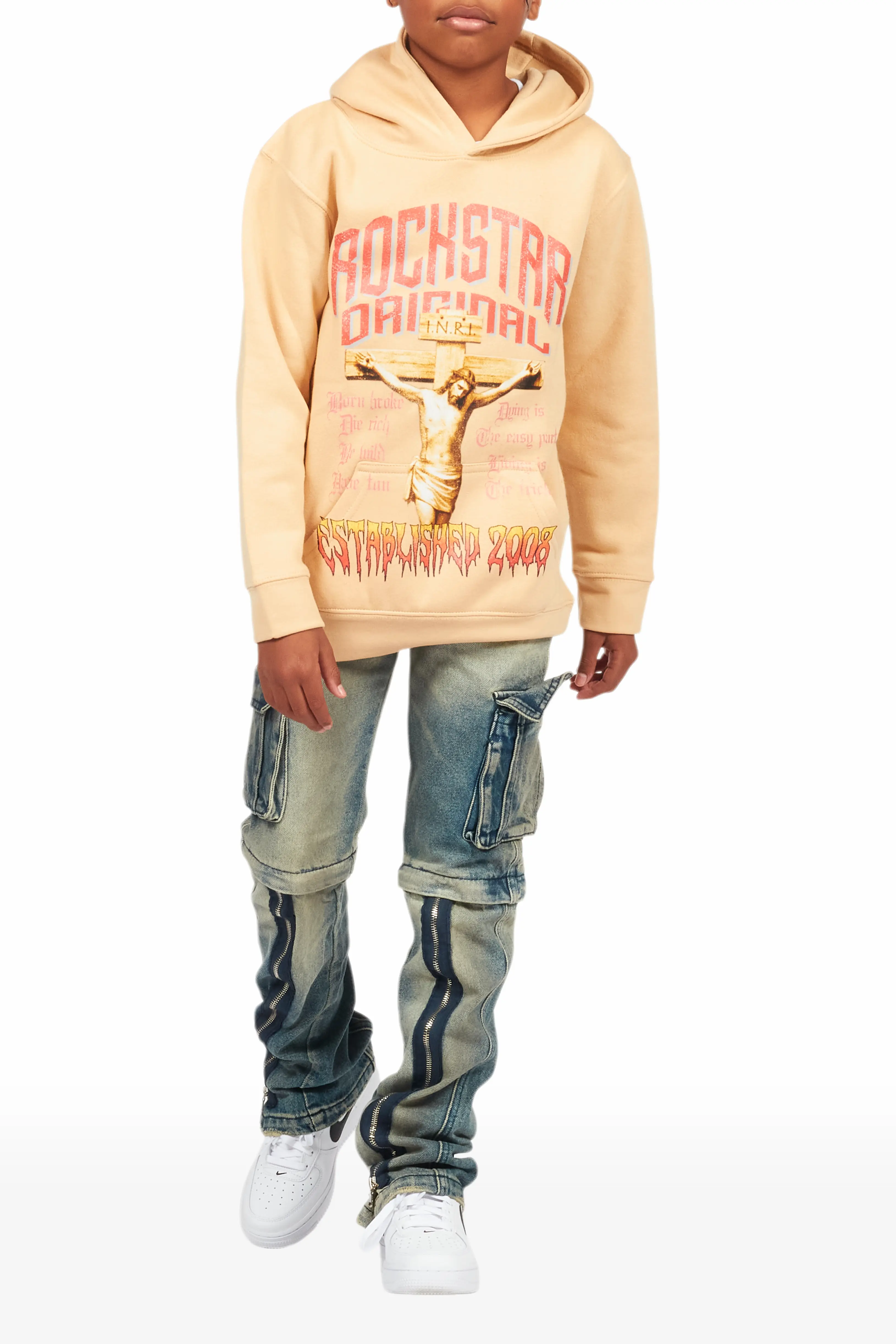 Boys Hayes Beige Hoodie/Stacked Flare Jean Set - Image 10