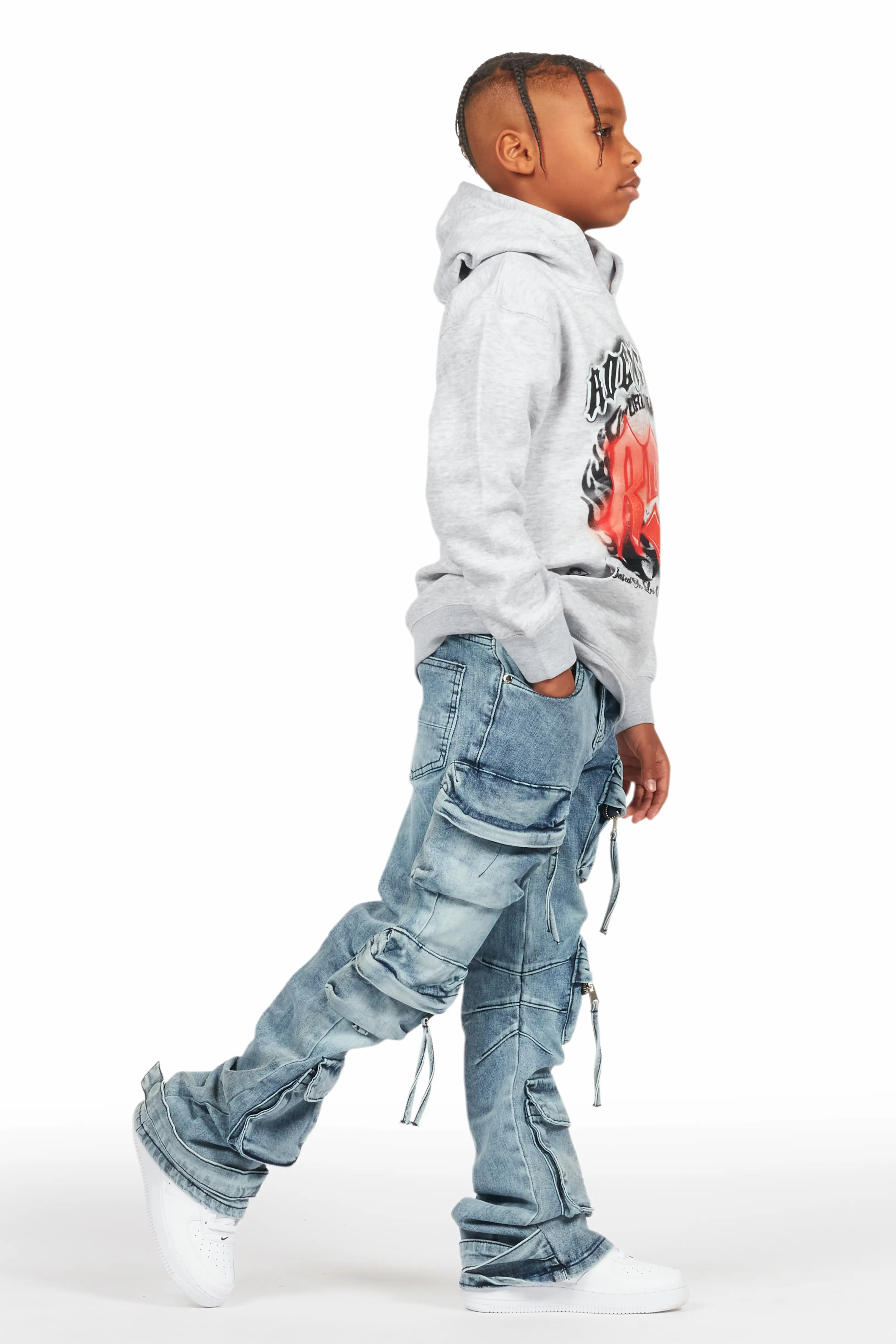 Boys Boaz Heather Grey Hoodie/Stacked Flare Jean Set - Image 3