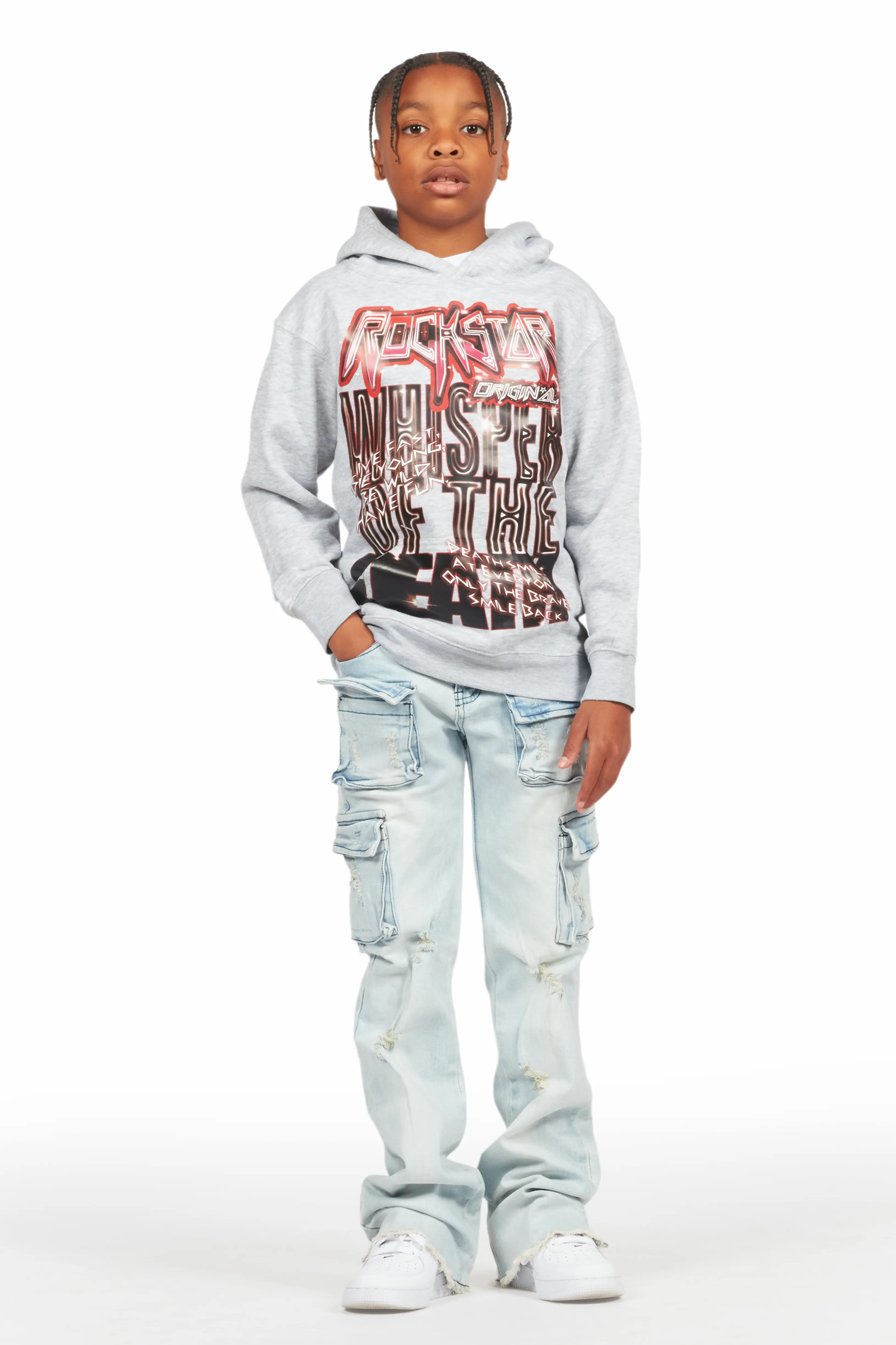 Boys Lachlan Grey/Blue Hoodie/Stacked Flare Jean Set - Image 2