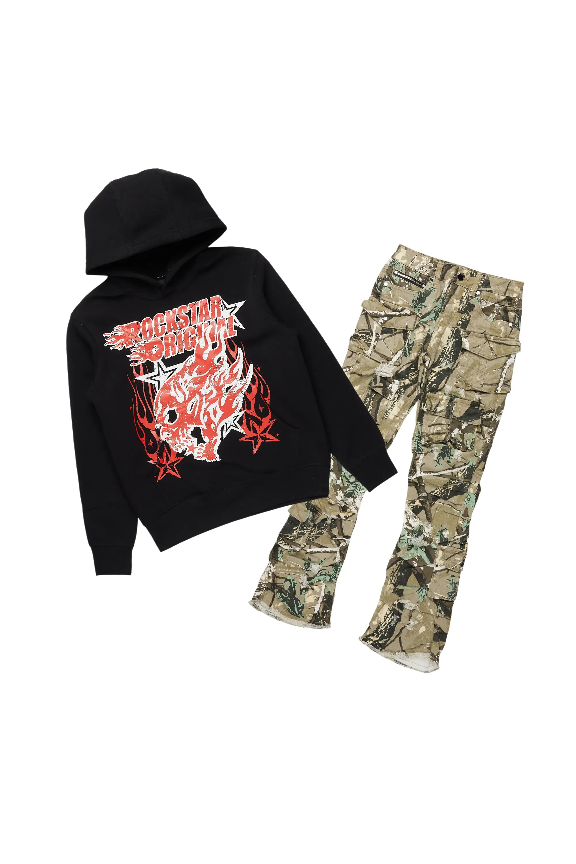 Boys Smitty Black Hoodie/Stacked Flare Jean Set