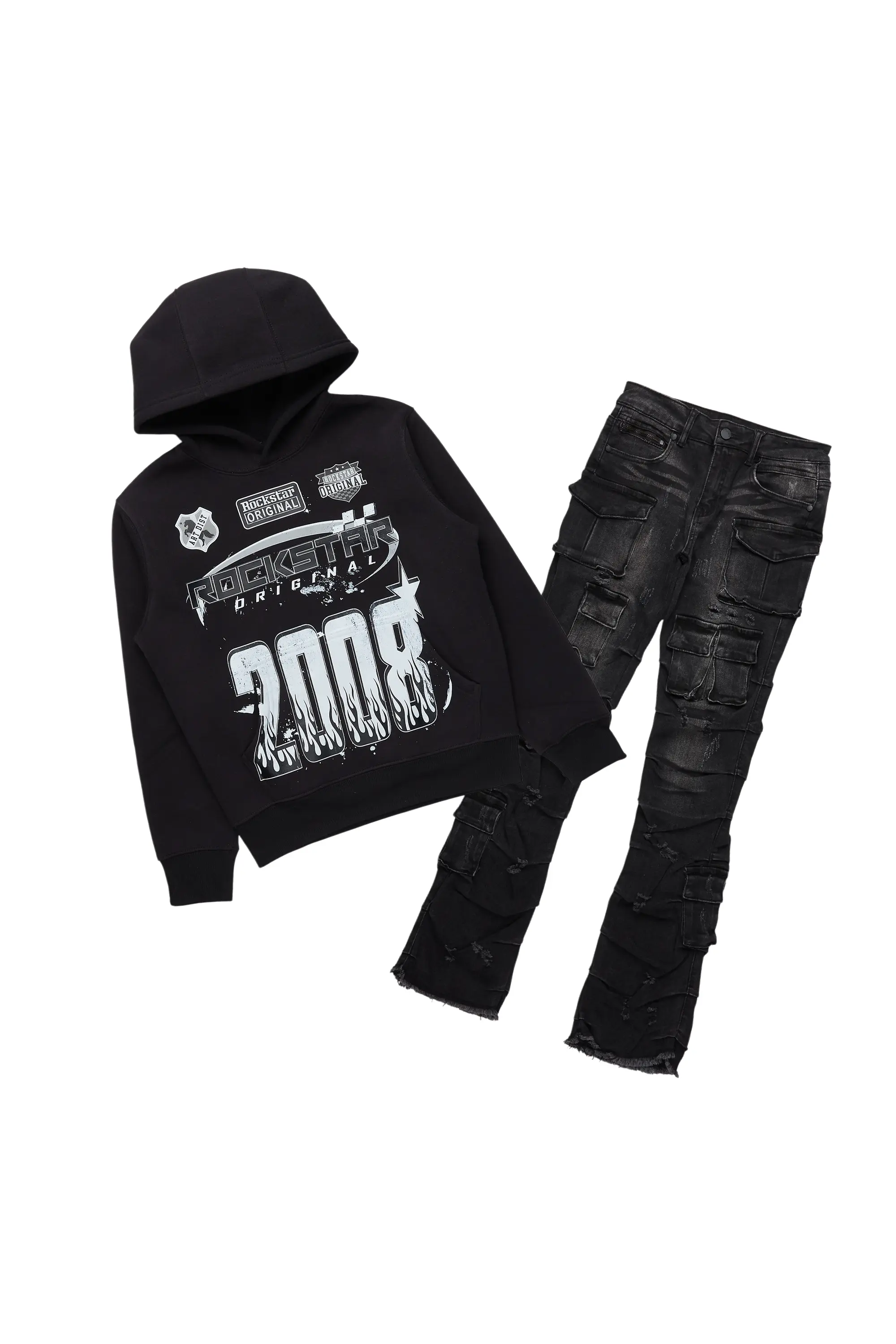 Boys Amos Jet Black Hoodie/Stacked Flare Jean Set