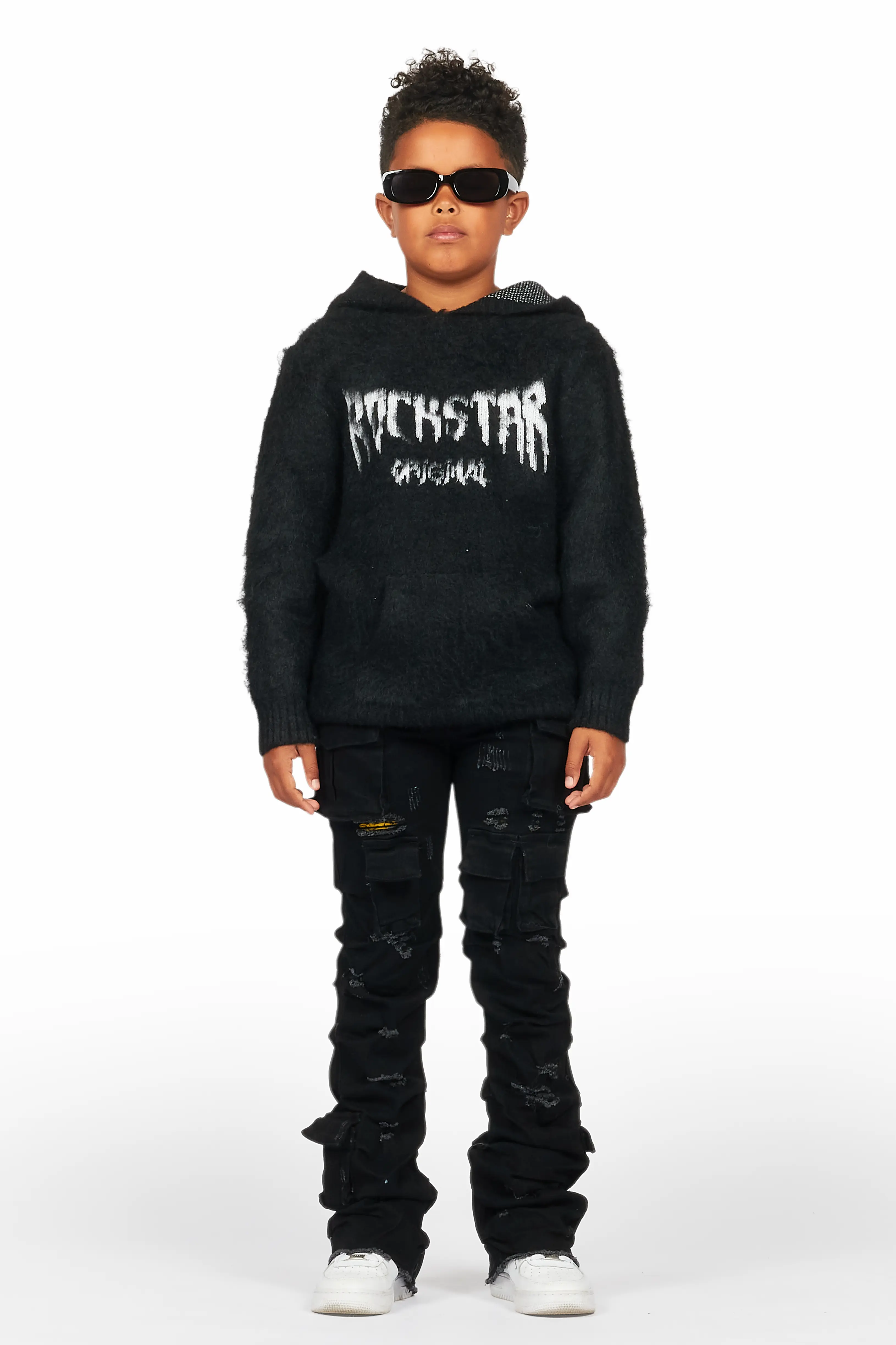 Boys Andros Black Mohair Hoodie/Stacked Flare Jean Set - Image 2