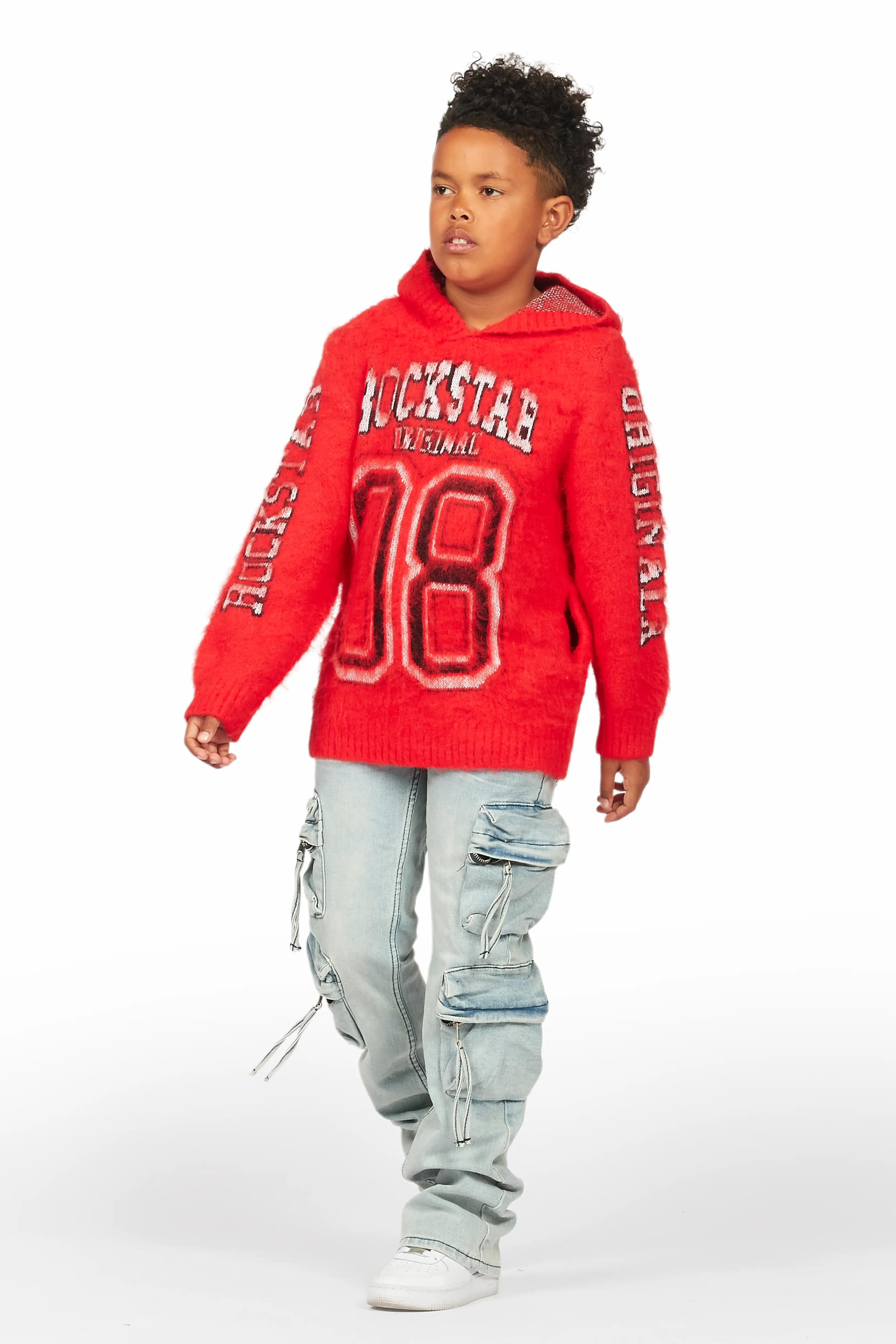 Boys Fields Red Mohair Hoodie/Baggy Cargo Jean Set - Image 5