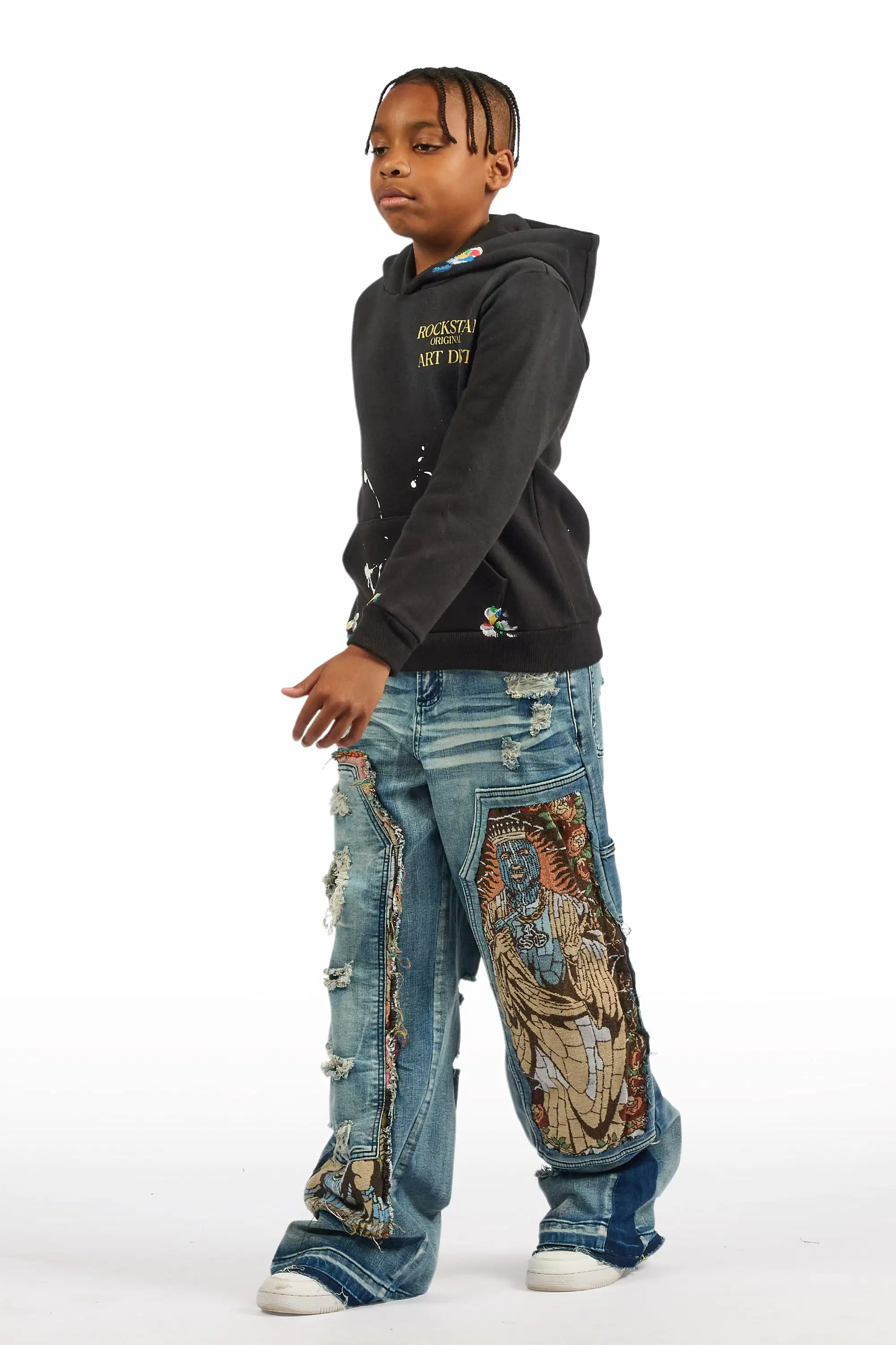 Boys Palmer Black Hoodie & Yanis Blue Baggy Jean Set - Image 5