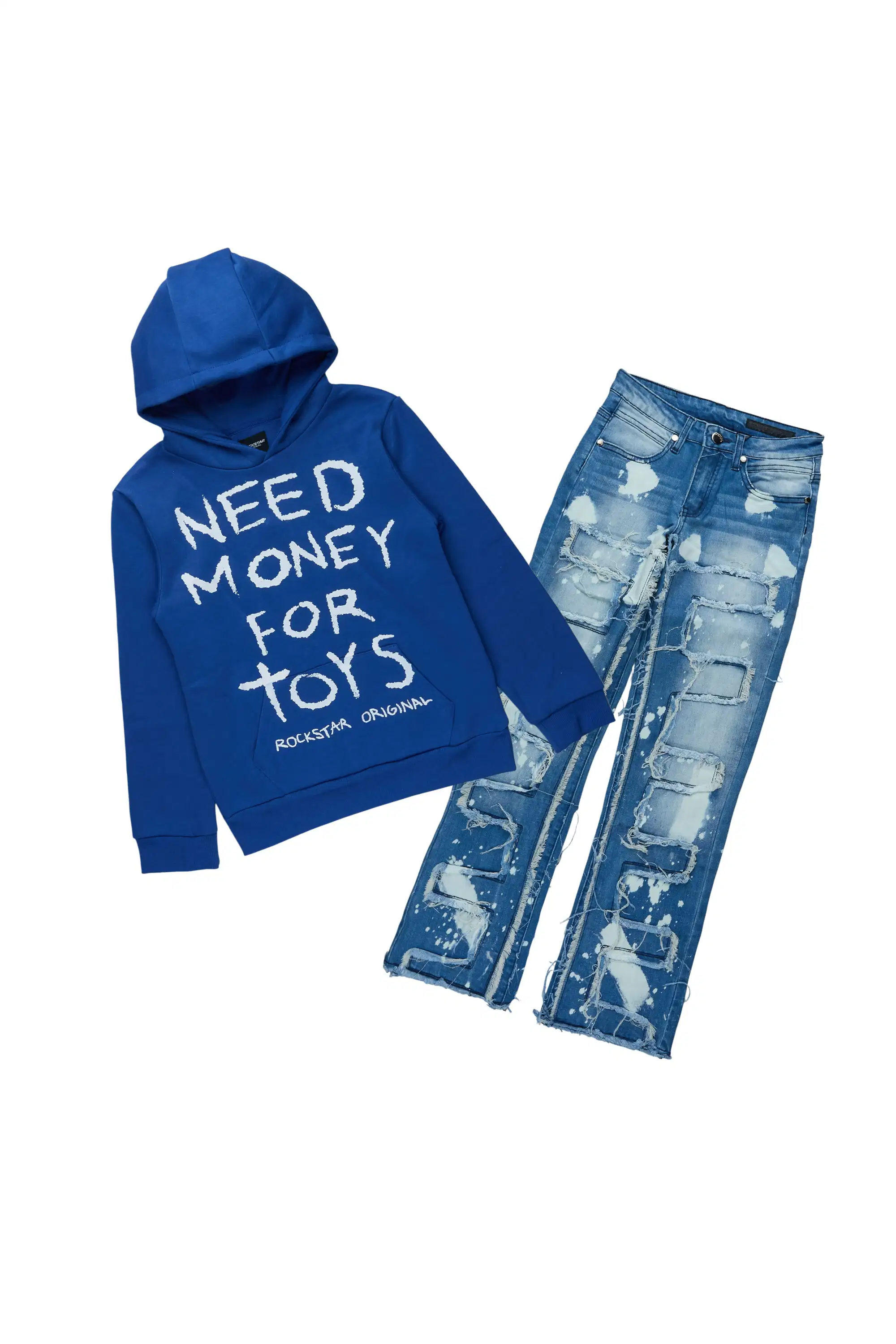 Boys M4 Toys Royal Blue Hoodie & Laban Blue Bleach Stacked Jean Set