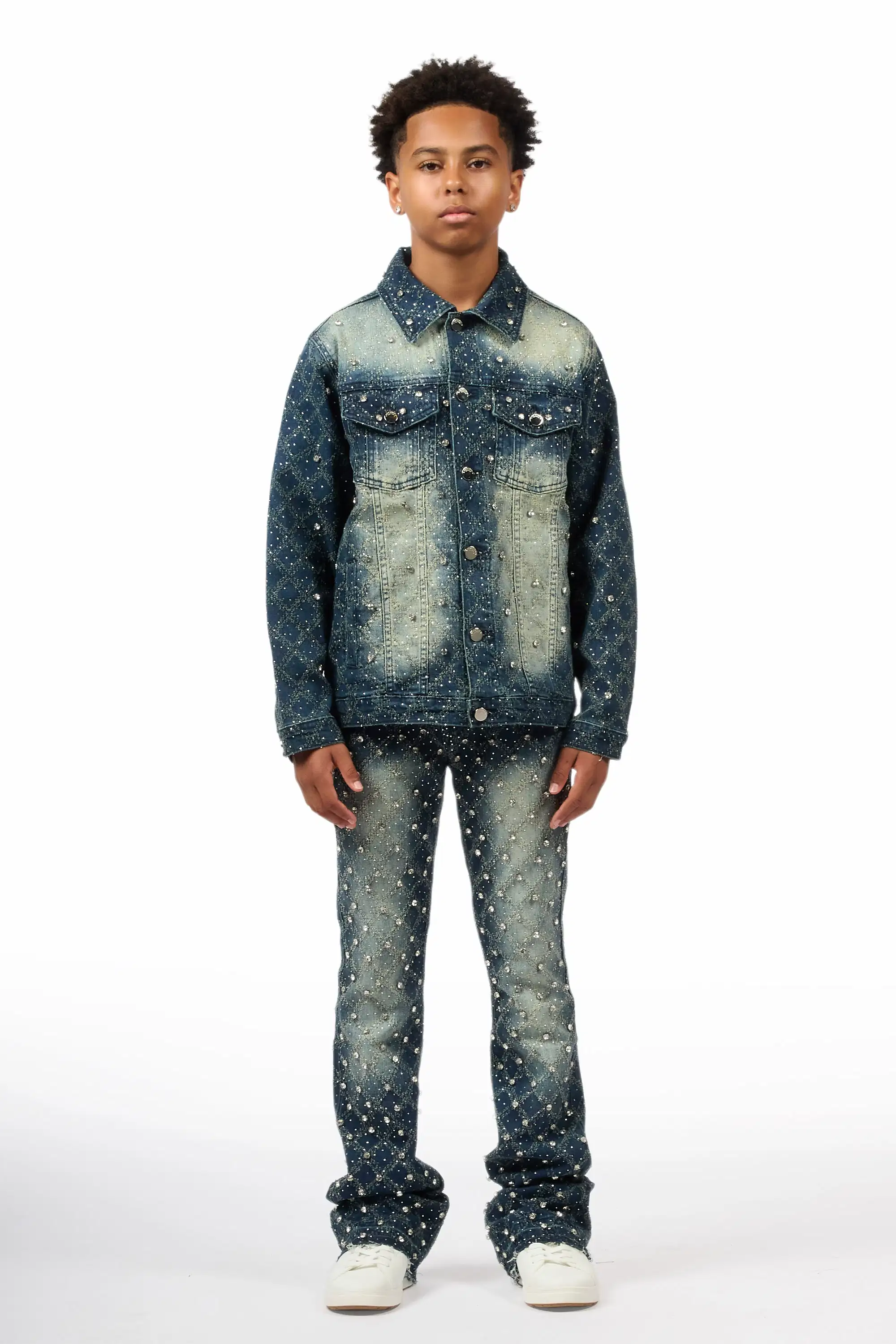 Boys Sareka Dark Wash Rhinestone Denim Jacket & Sareka Stacked Jean Set
