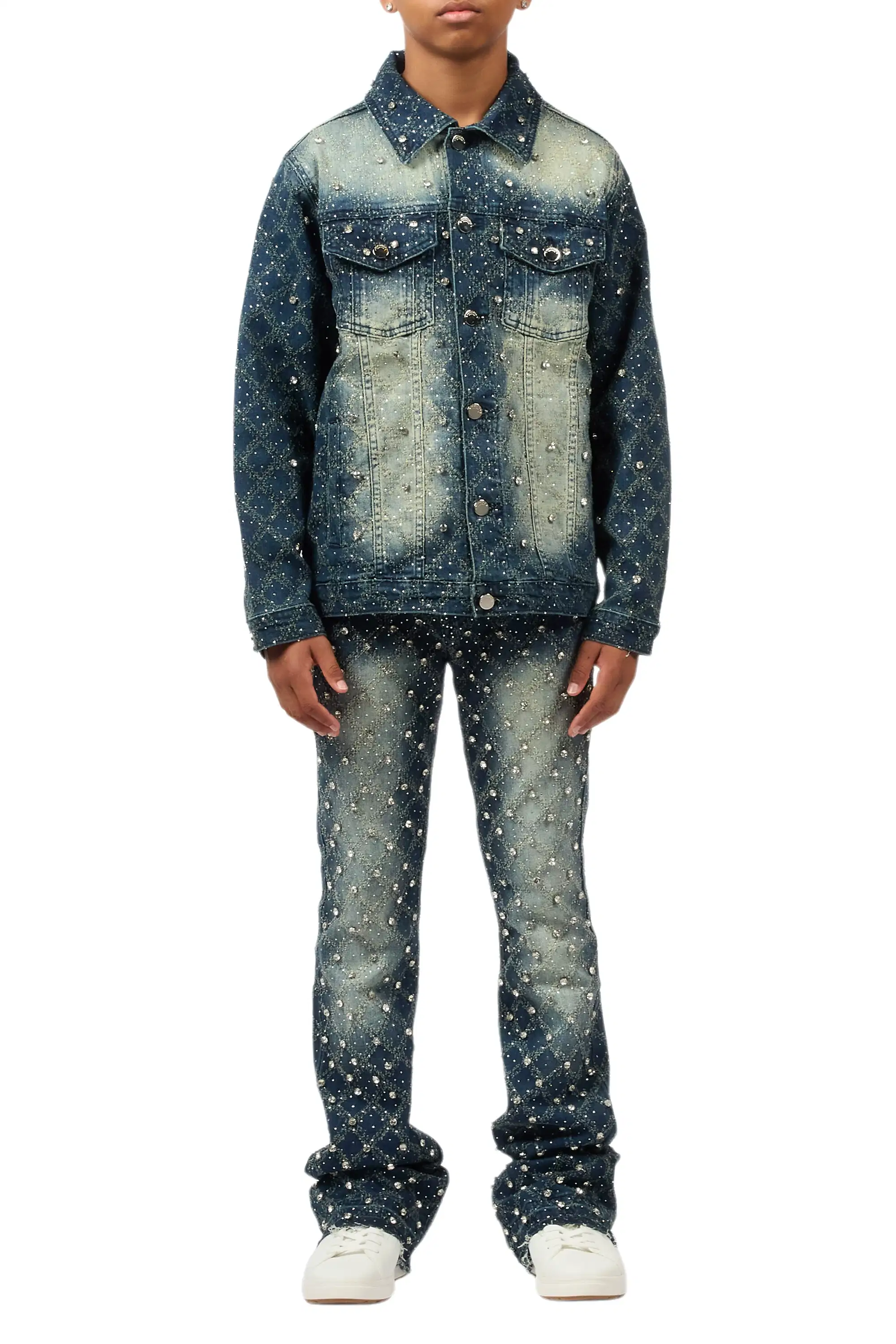 Boys Sareka Dark Wash Rhinestone Denim Jacket & Sareka Stacked Jean Set - Image 12