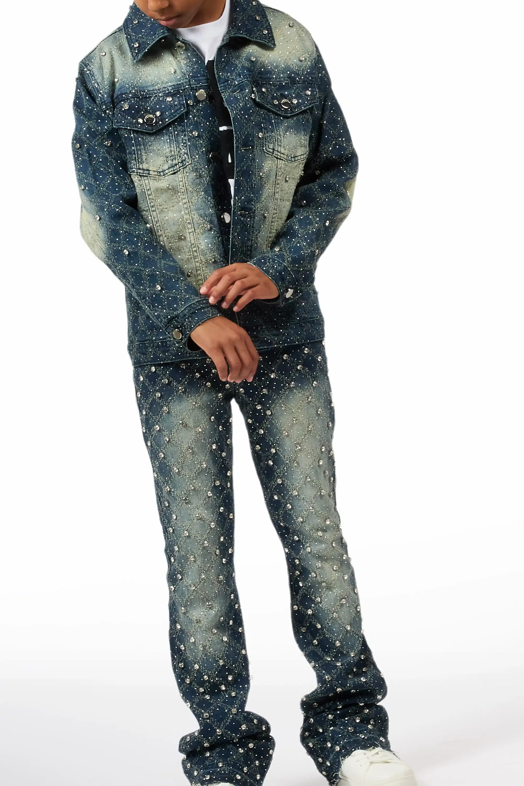 Boys Sareka Dark Wash Rhinestone Denim Jacket & Sareka Stacked Jean Set - Image 2