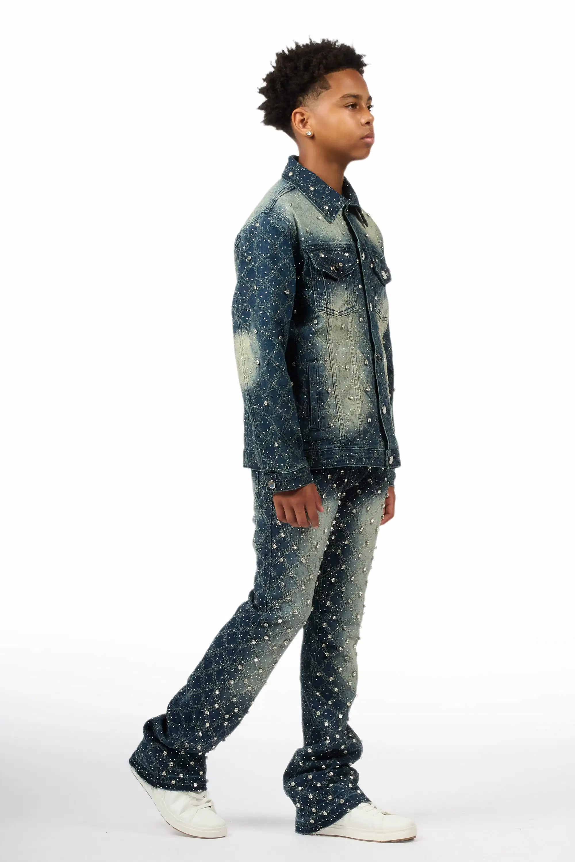 Boys Sareka Dark Wash Rhinestone Denim Jacket & Sareka Stacked Jean Set - Image 4