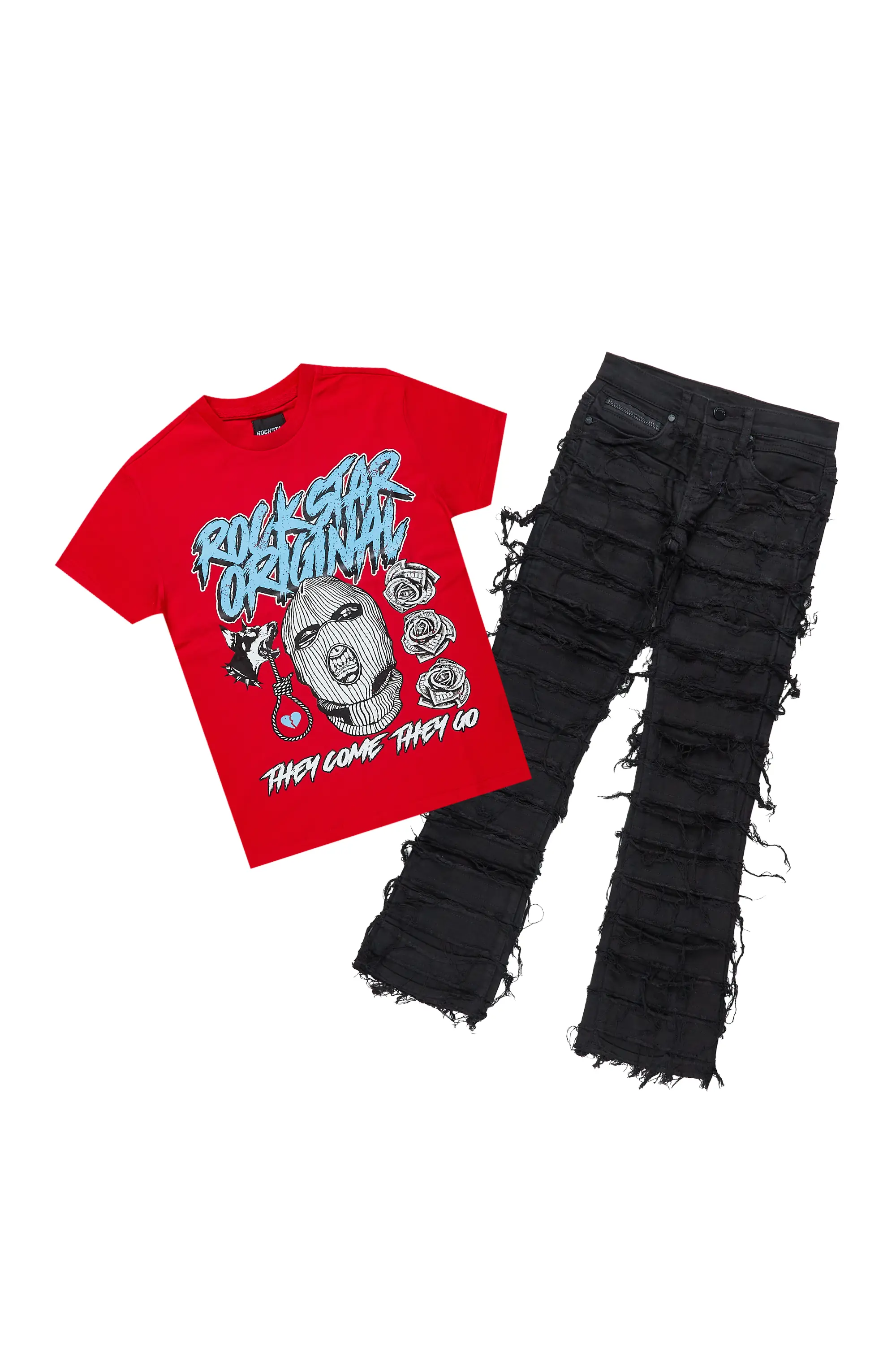 Boys Clava Red/Black T-Shirt/Stacked Flare Jean Set - Image 2