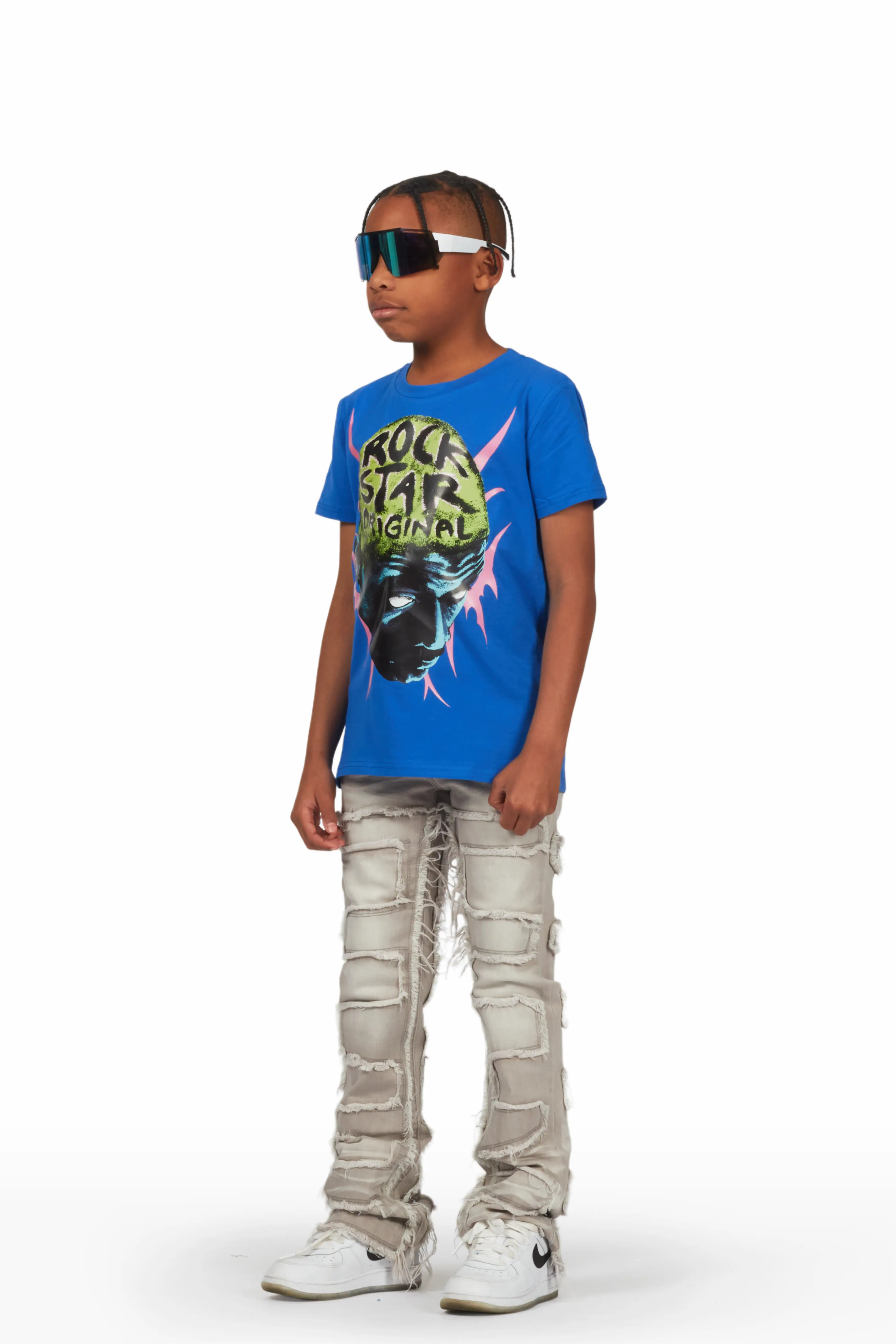 Boys Bronte Royal Blue T-Shirt/Stacked Flare Jean Set - Image 3