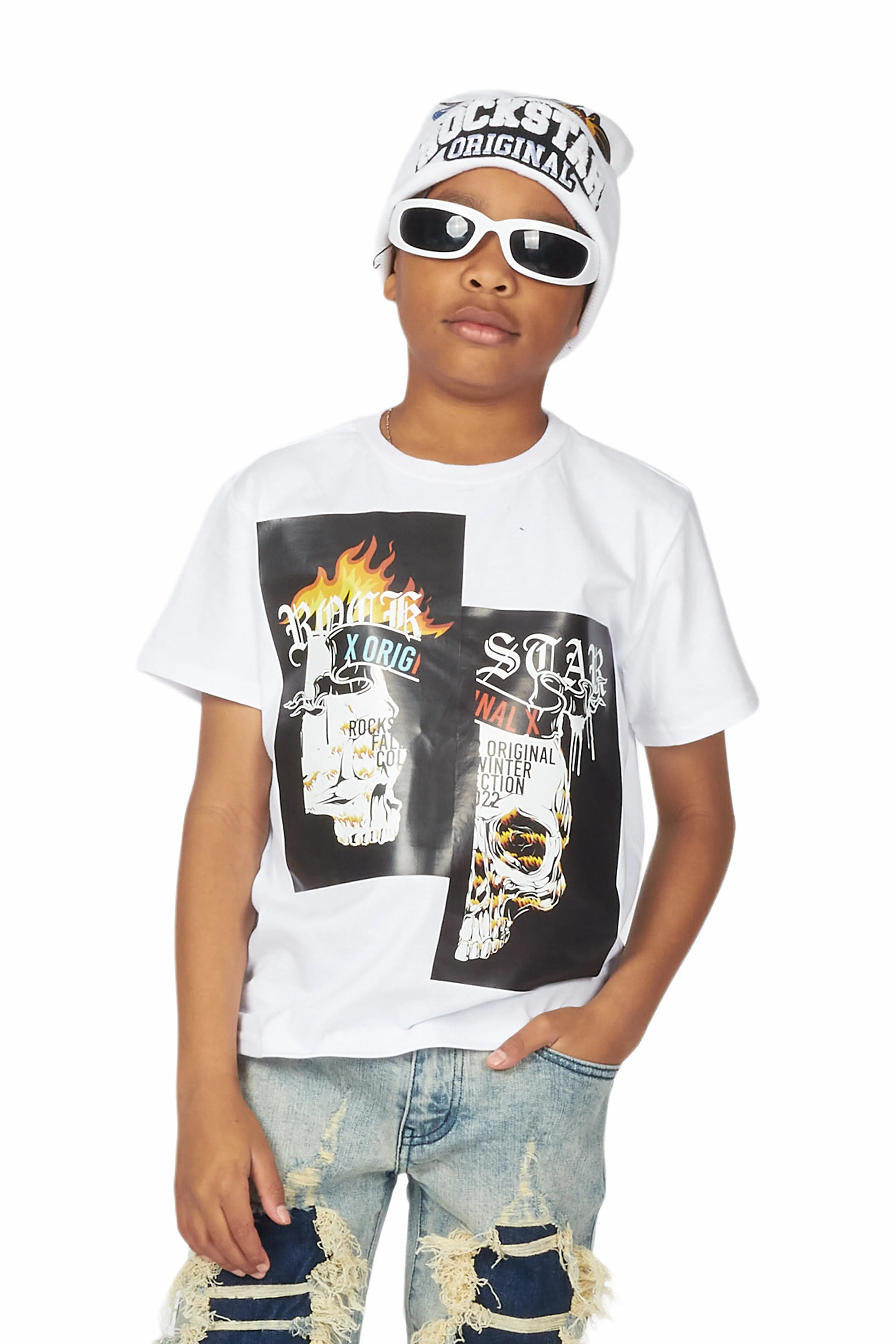 Boys Baam White/Blue T-Shirt/Stacked Flare Jean Set - Image 2
