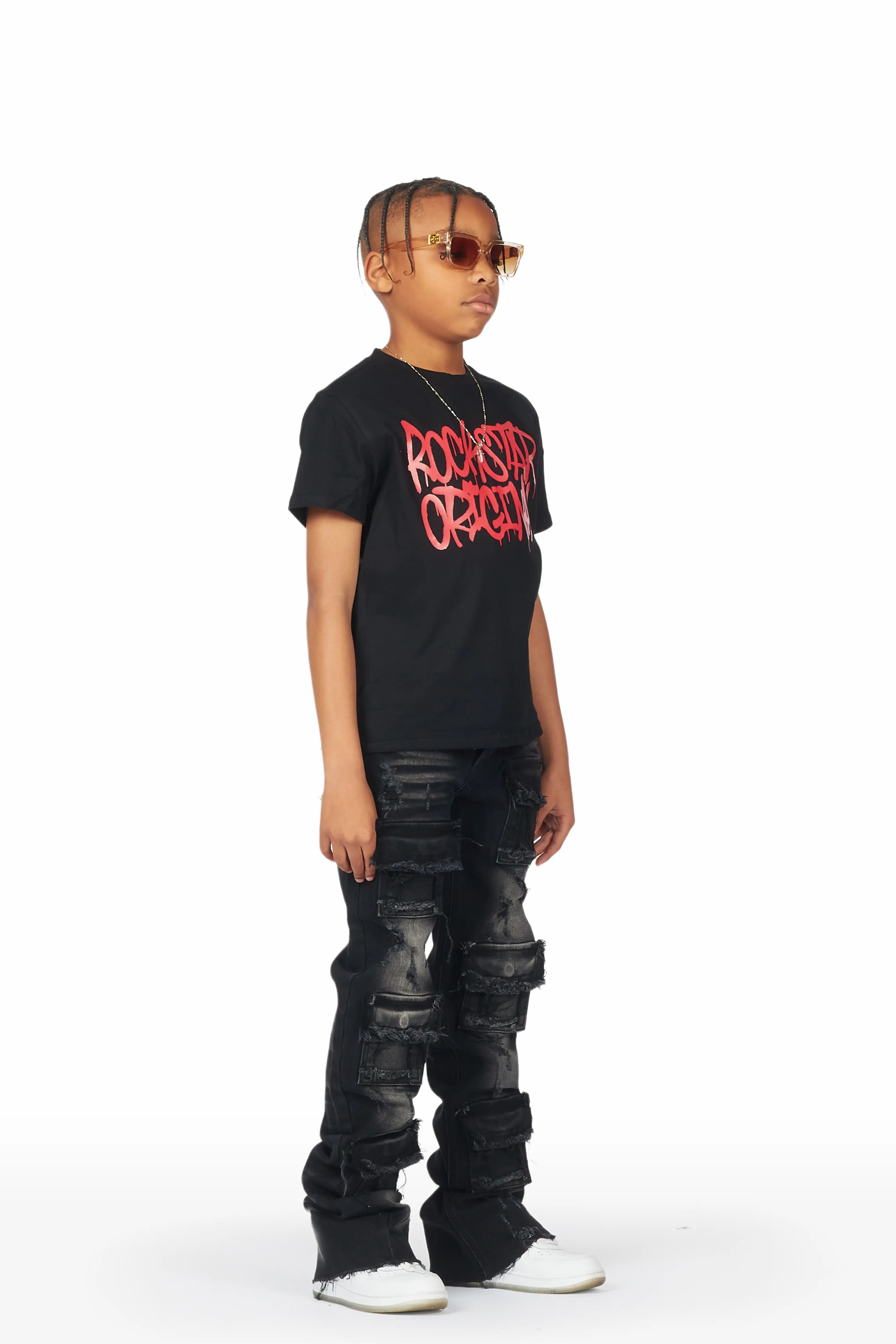 Boys Badar Black T-Shirt/Super Stacked Flare Jean Set - Image 2