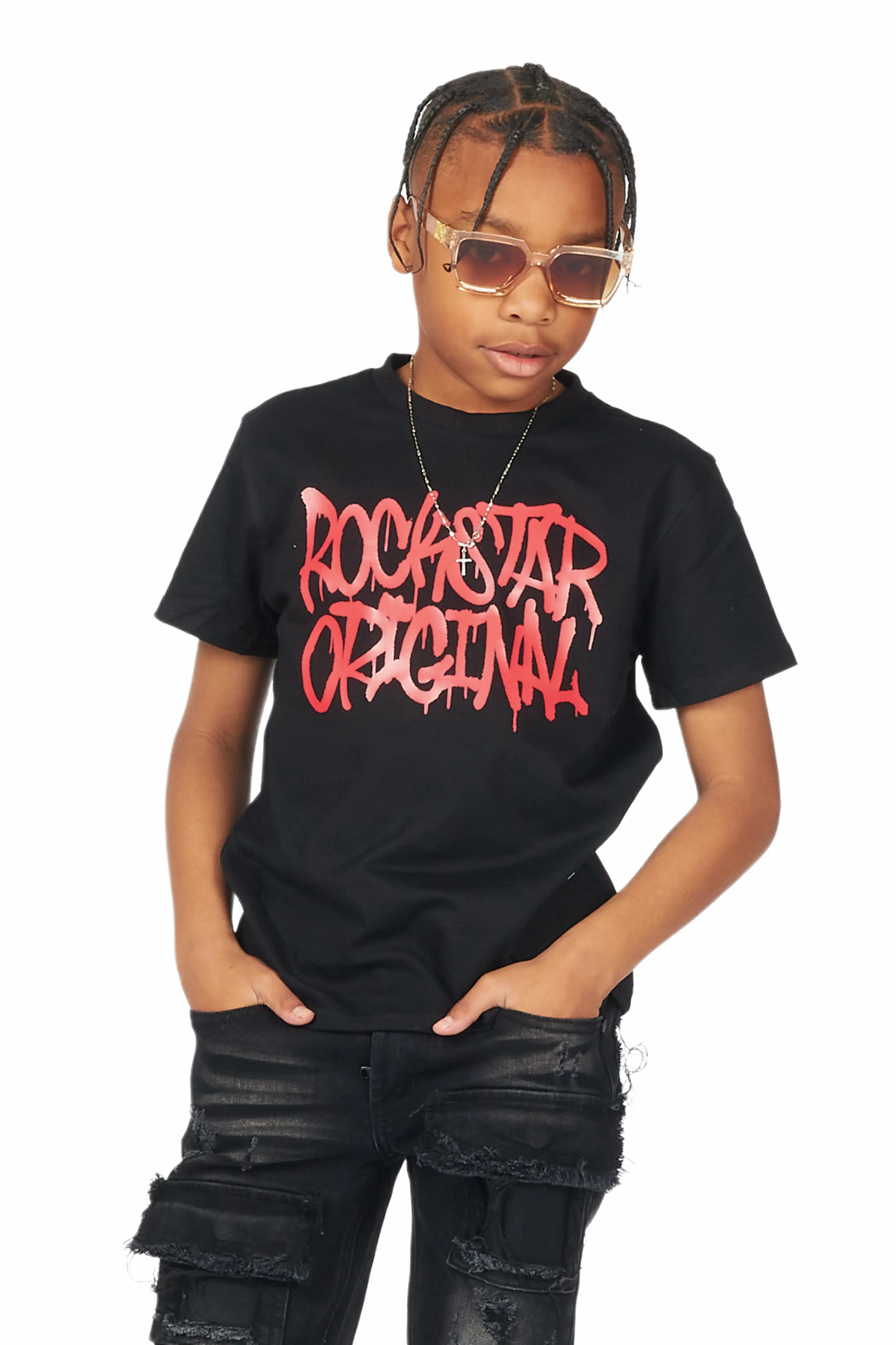 Boys Badar Black T-Shirt/Super Stacked Flare Jean Set - Image 4