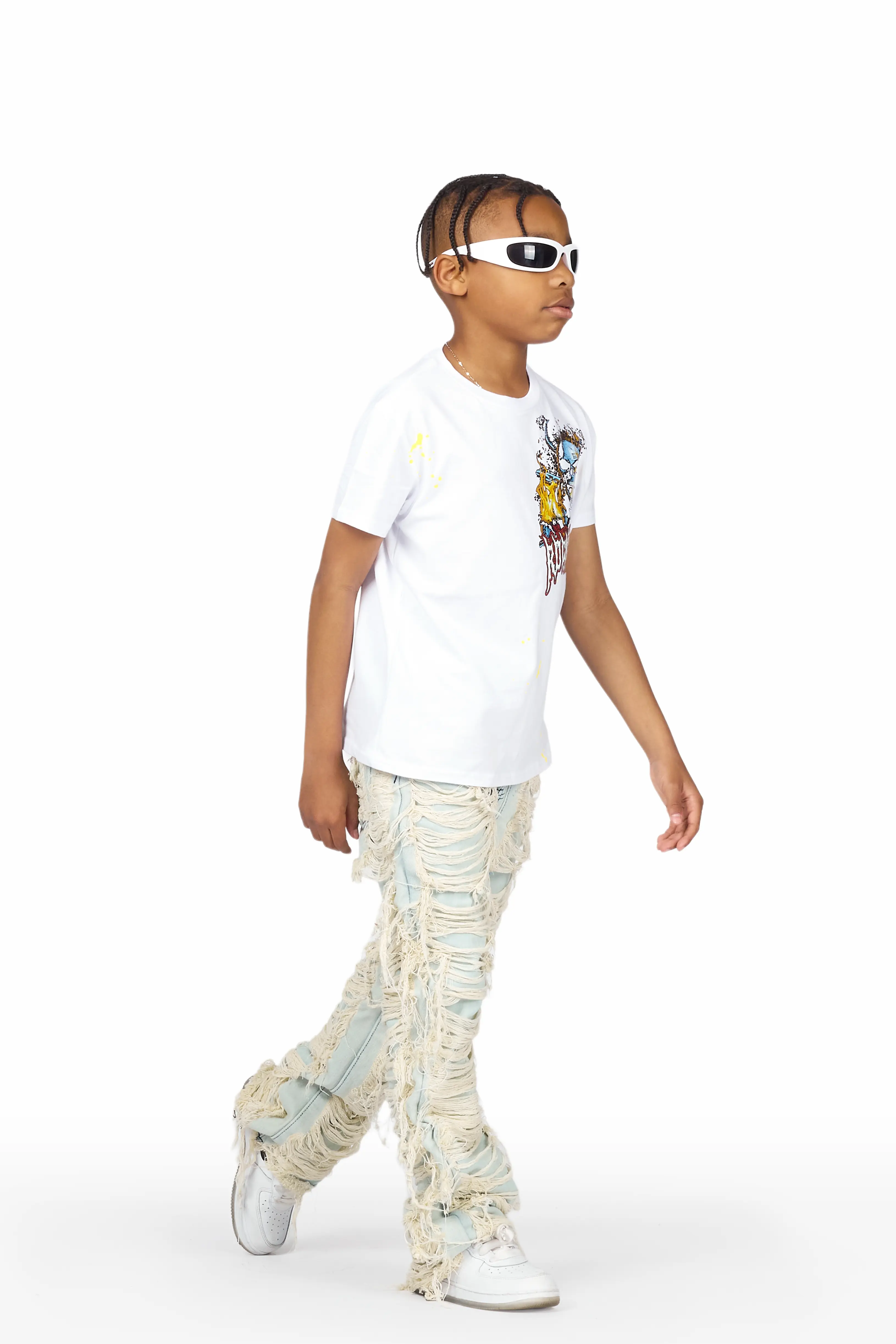 Boys Hank White/Blue T-Shirt/Stacked Flare Jean Set - Image 5