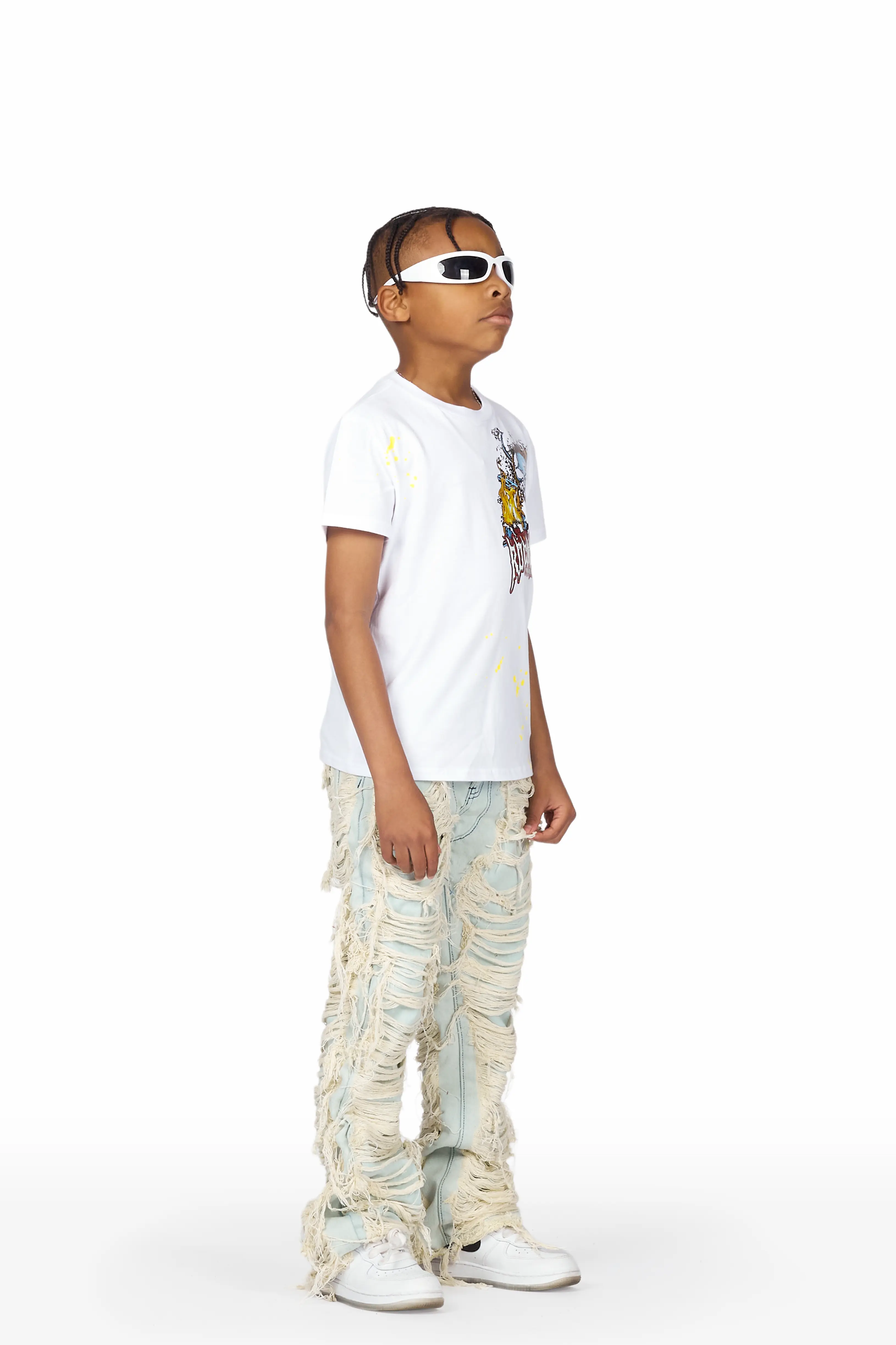 Boys Hank White/Blue T-Shirt/Stacked Flare Jean Set - Image 6