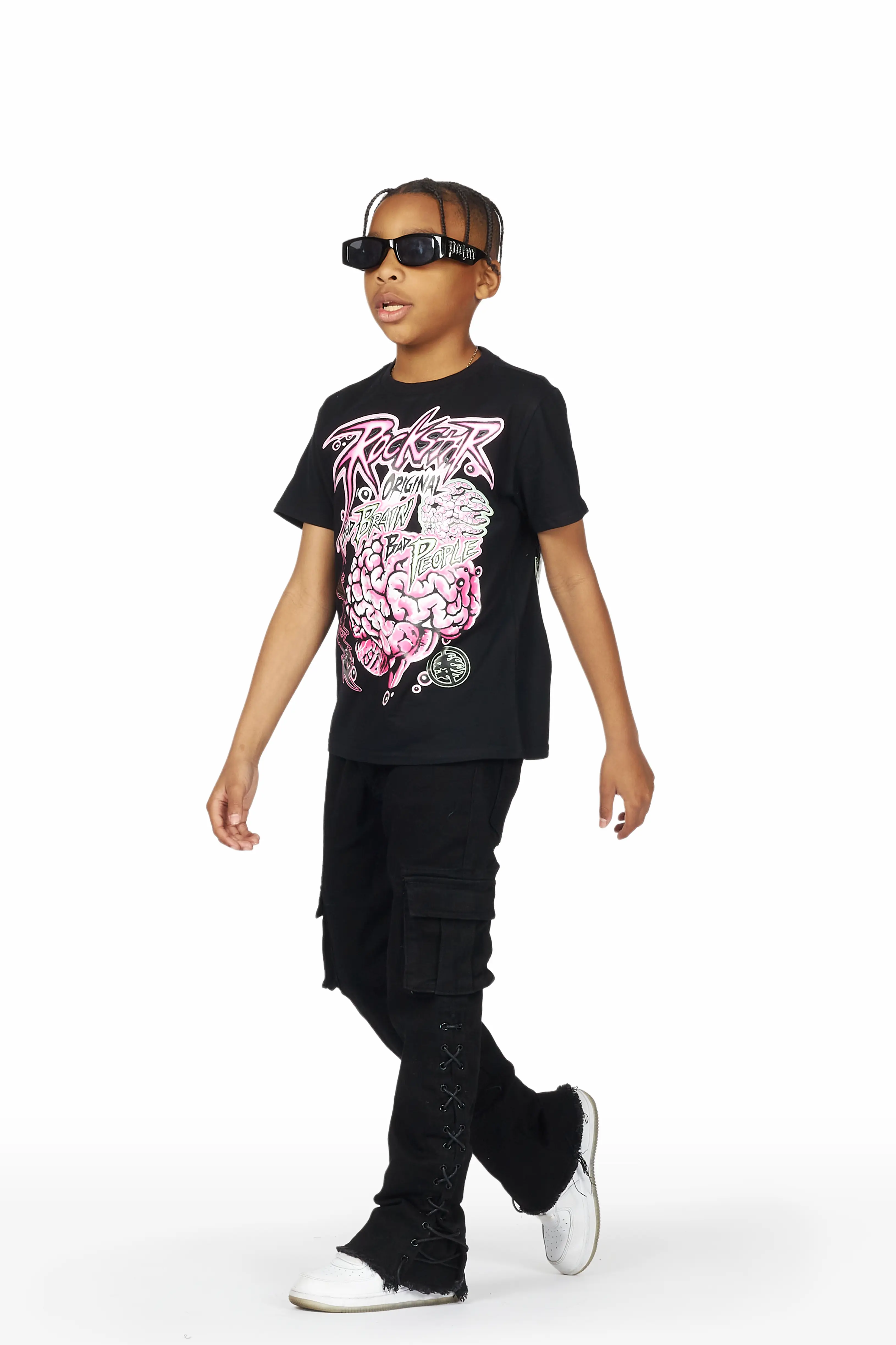 Boys Raine Black T-Shirt/Stacked Flare Cargo Jean - Image 5