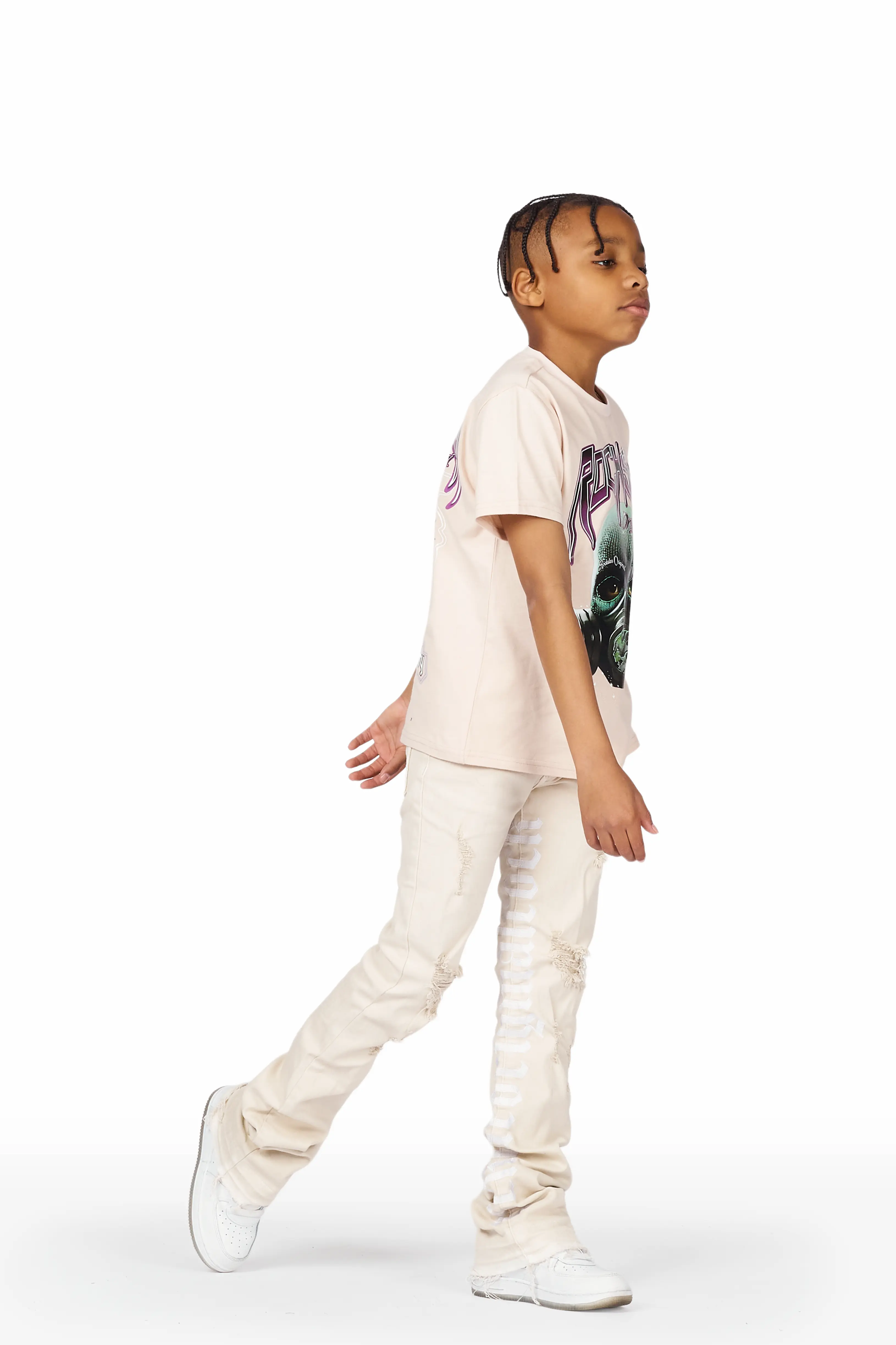 Boys Xenos Beige T-Shirt/Super Stacked Flare Jean - Image 4