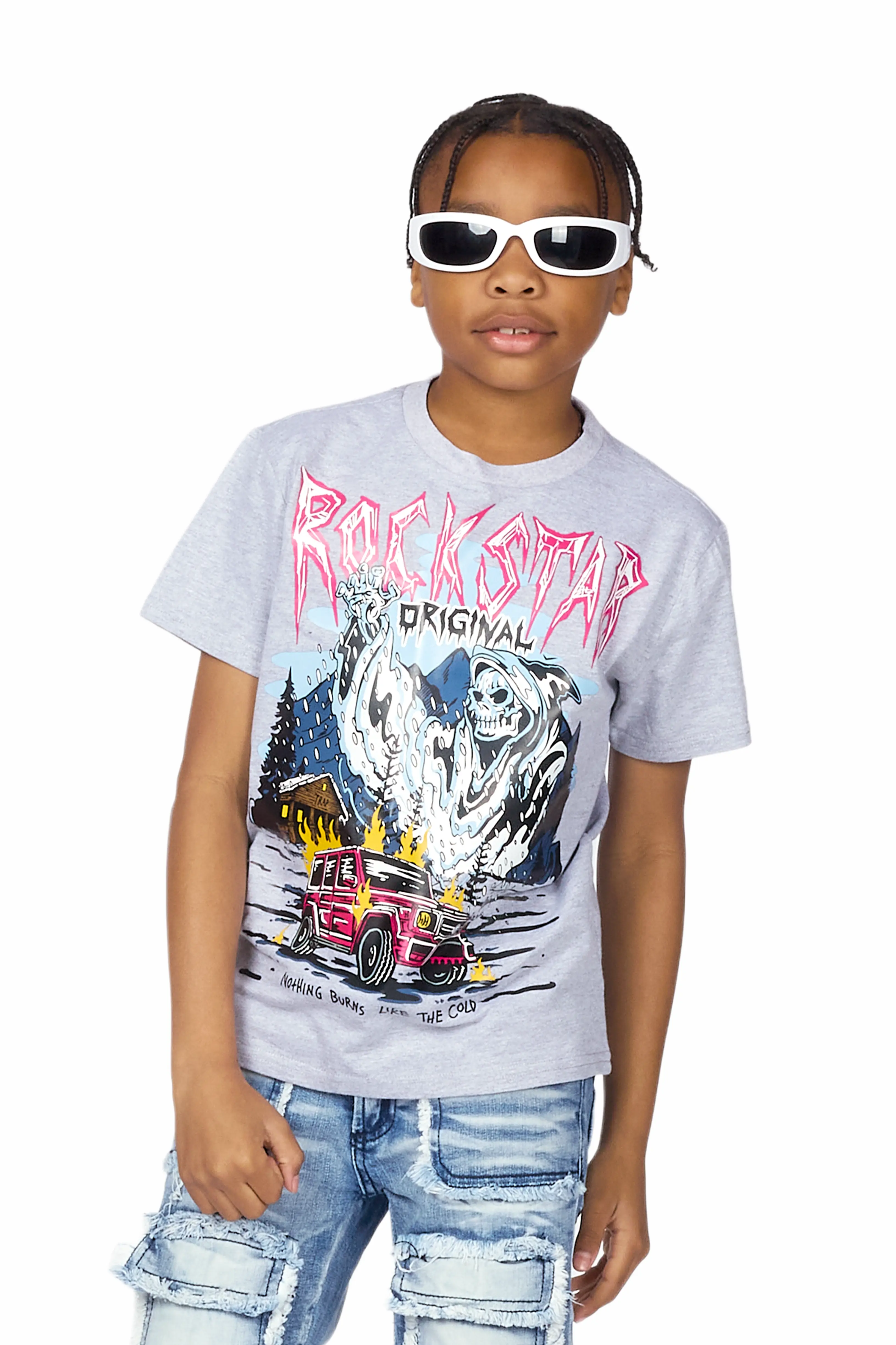 Boys Mahir Grey/Blue T-Shirt/Stacked Flare Jean - Image 2
