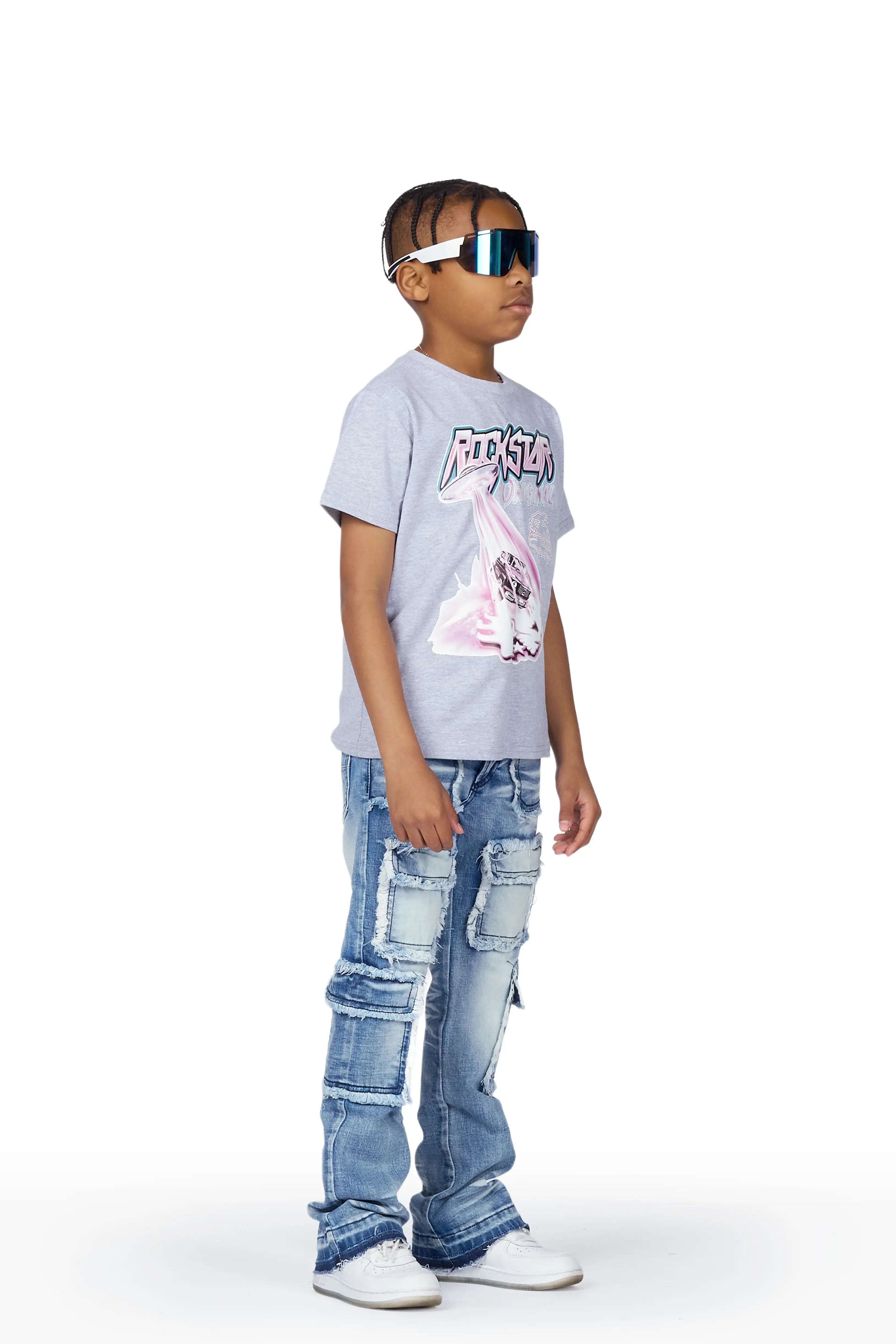 Boys Karik Grey/Blue T-Shirt/Stacked Flare Jean - Image 6