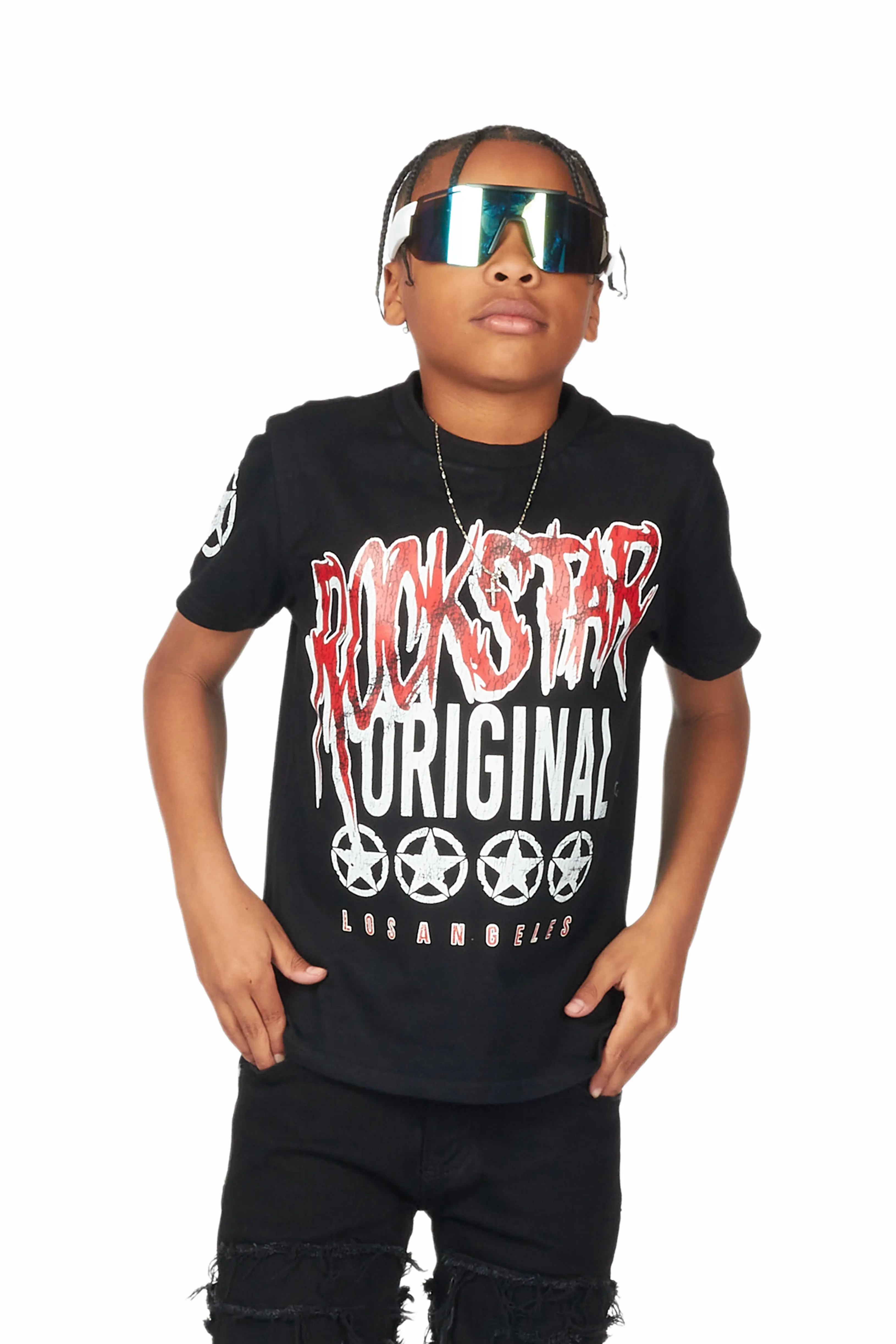 Boys Akos Black T-Shirt/Super Stacked Flare Jean - Image 2
