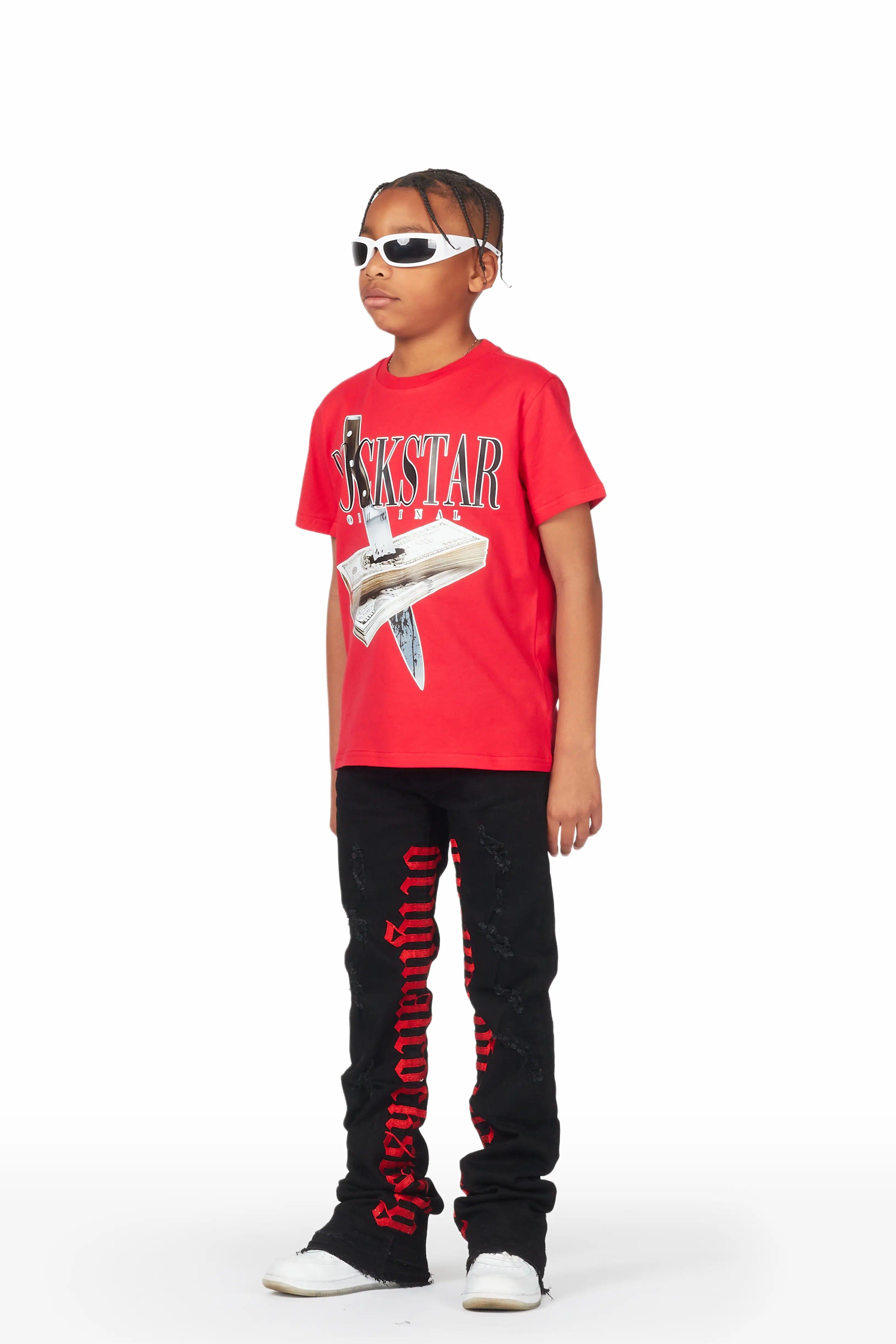 Boys Fynn Red/Black T-Shirt/Super Stacked Flare Jean - Image 3