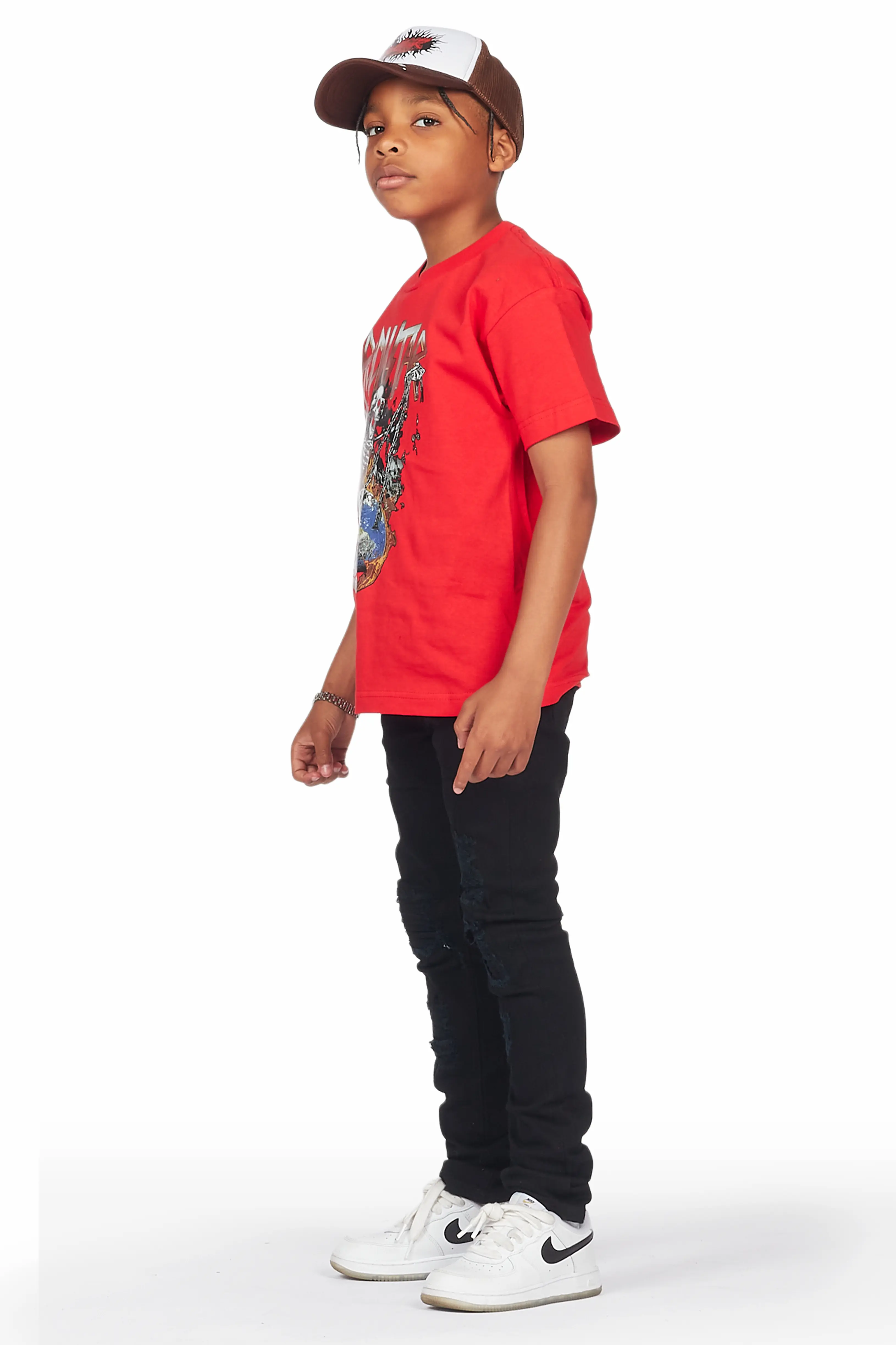Boys Cachi Red/Black T-Shirt/Skinny Jean Set - Image 3