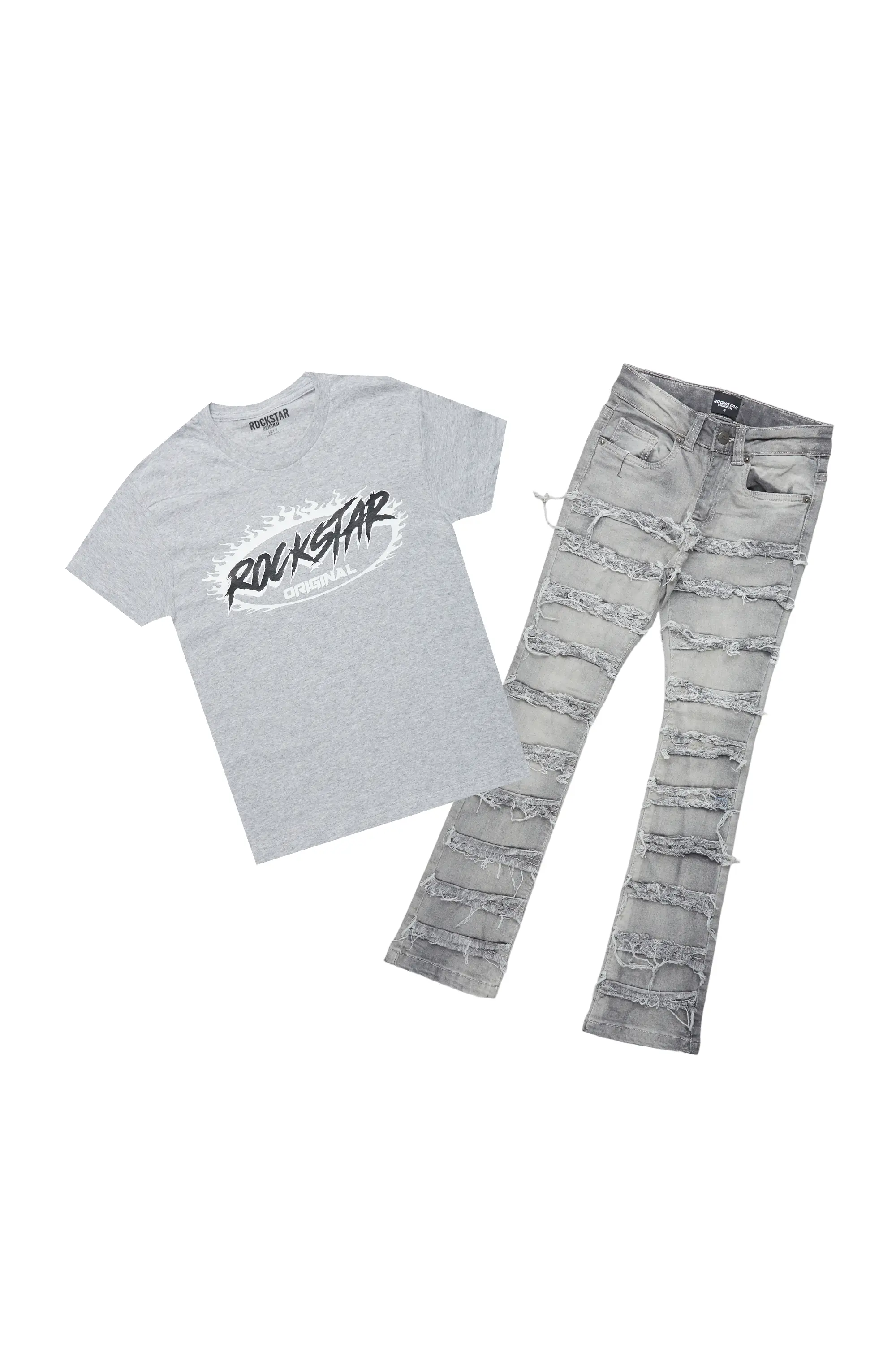Boys Ochoa Grey T-Shirt/Skinny Stack Flare Jean Set - Image 2