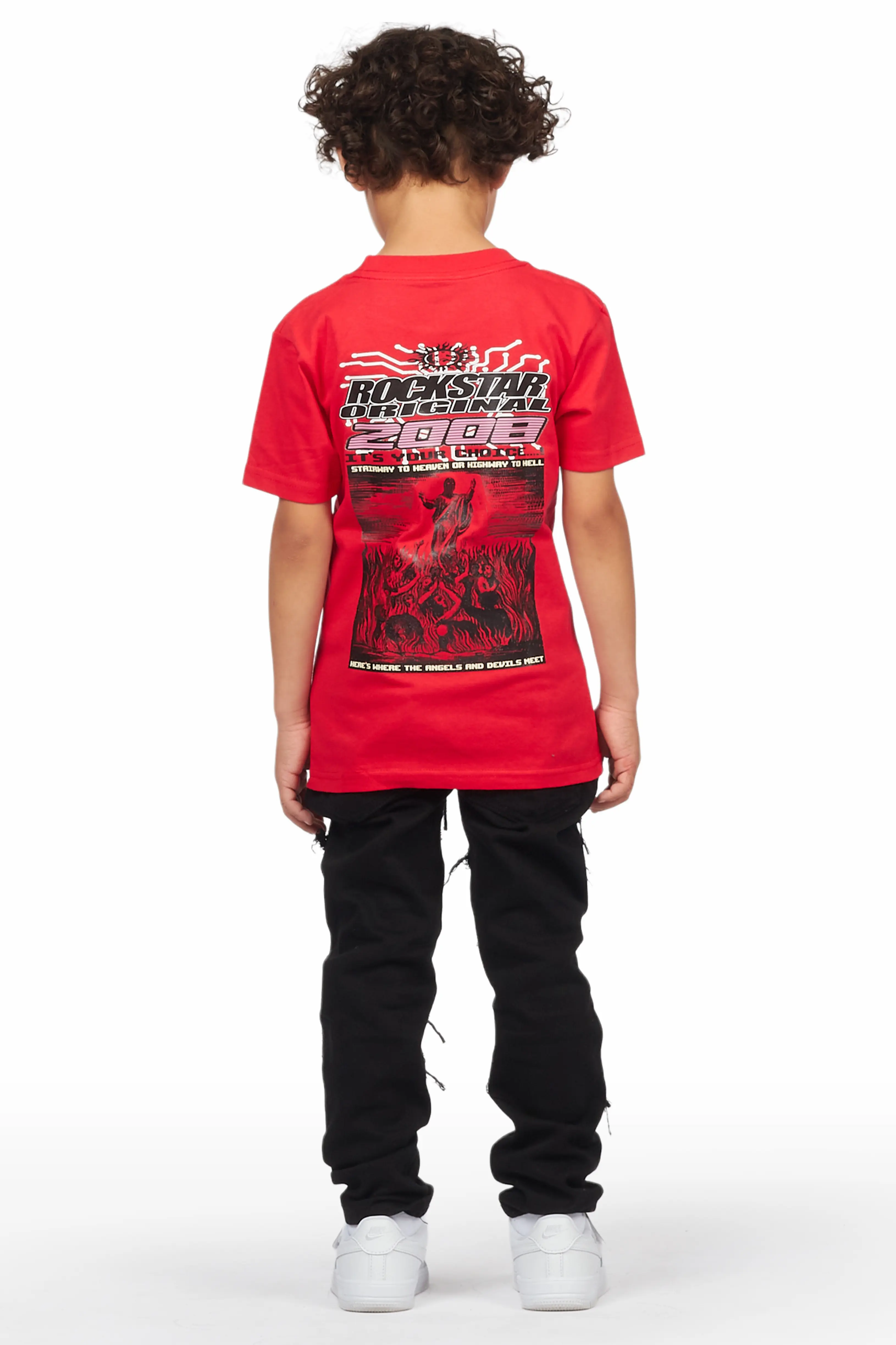 Boys Kael Red/Black T-Shirt/Frayed Jean Set - Image 3