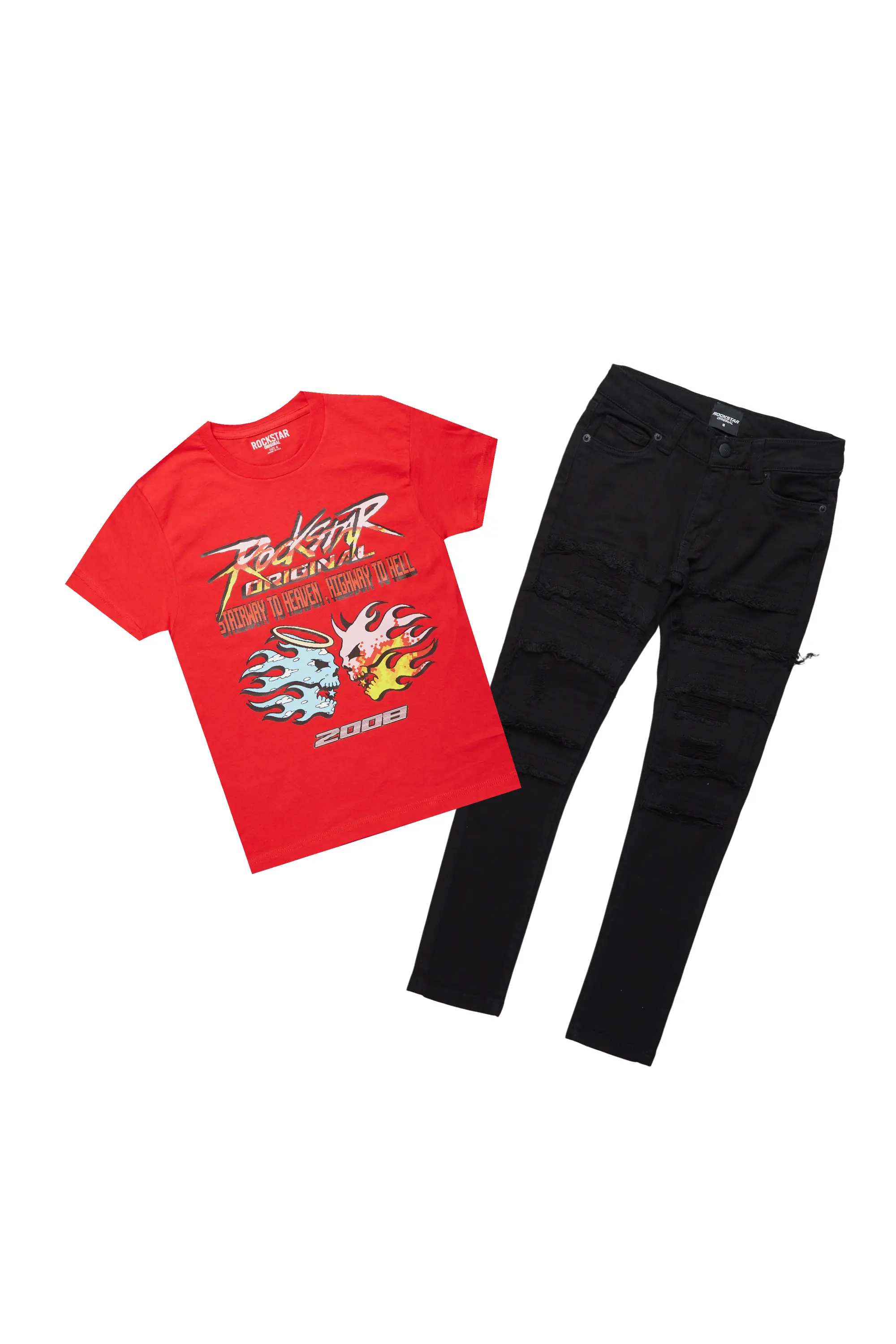 Boys Kael Red/Black T-Shirt/Frayed Jean Set - Image 4