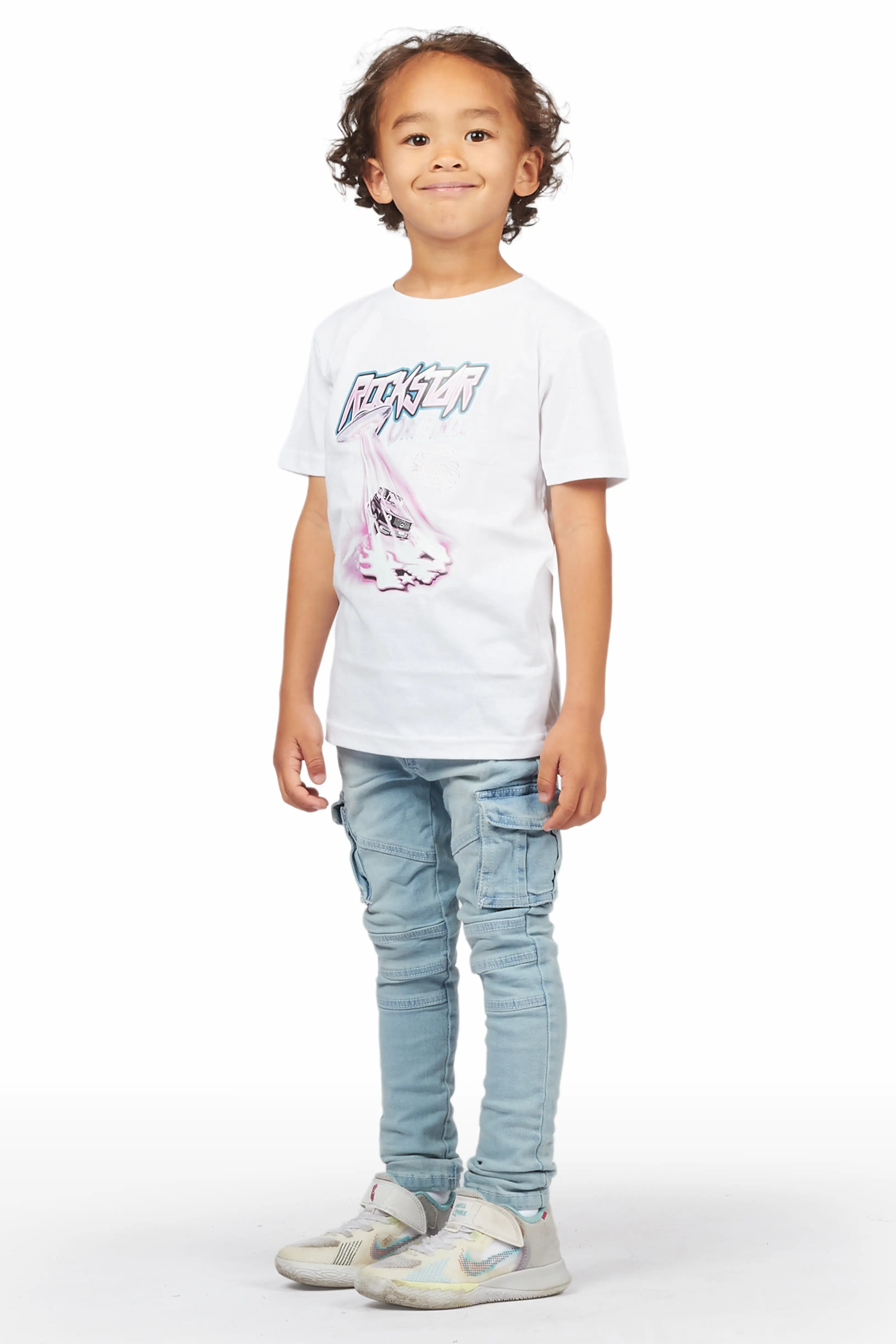 Boys Uriel White/Blue T-Shirt/Cargo Jean Set - Image 3