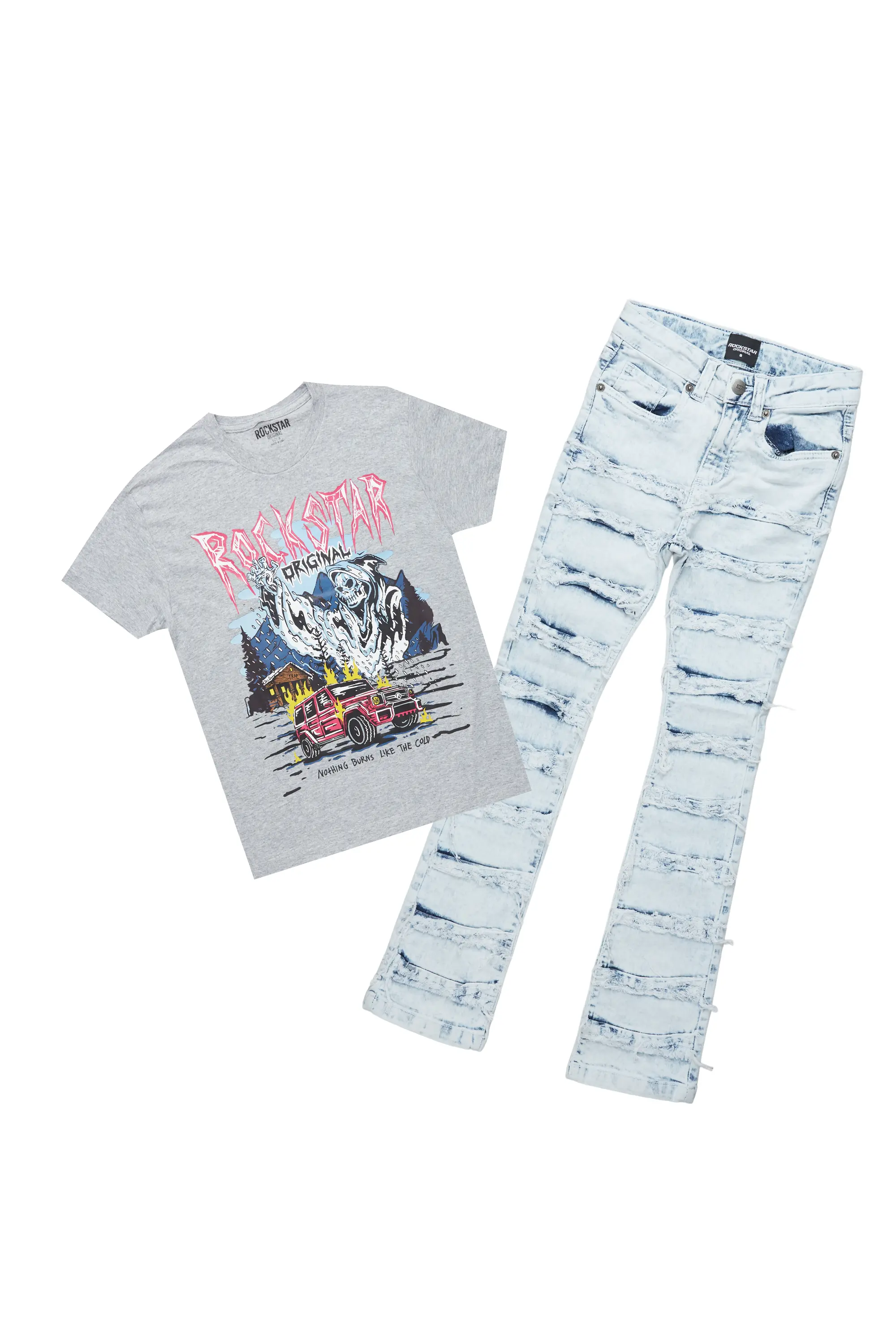 Boys Rakin Grey T-Shirt/Stacked Flare Jean Set - Image 2