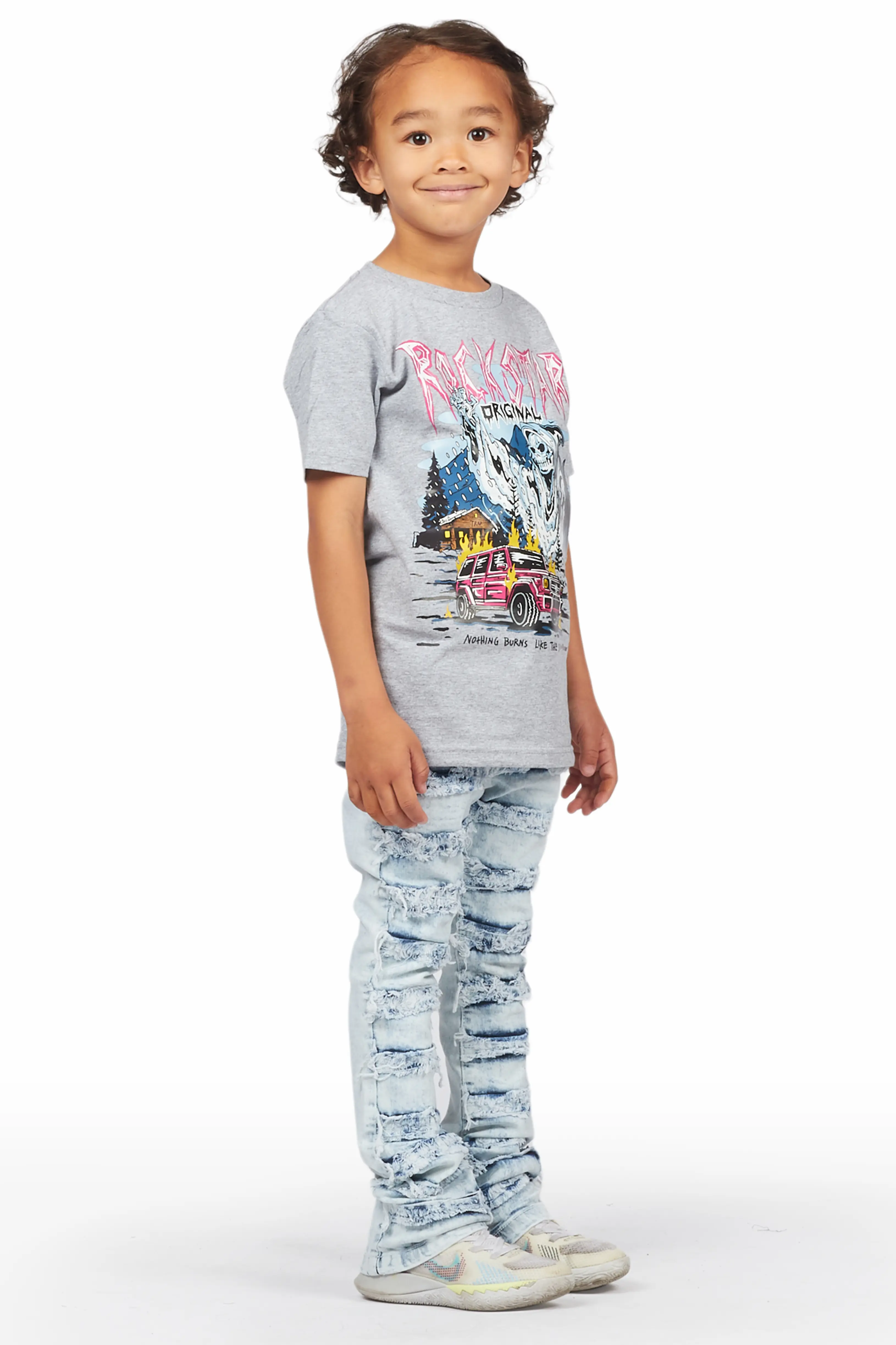 Boys Rakin Grey T-Shirt/Stacked Flare Jean Set - Image 3