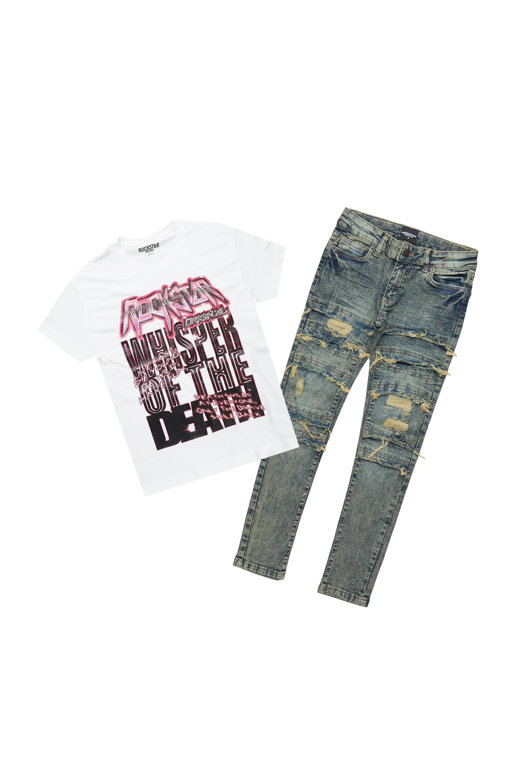 Boys Daiki White T-Shirt/Frayed Skinny Jean Set - Image 2